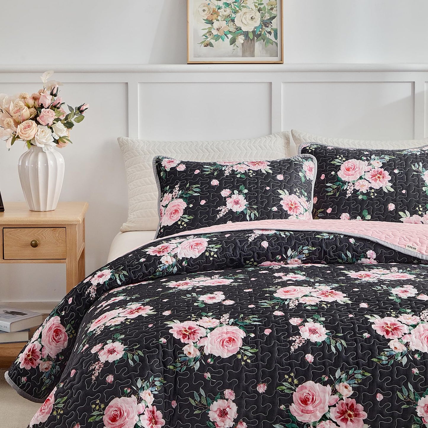 Floral Quilt Set 3 Pieces Queen Size Black Pink Flower with Green Leaves Soft Microfiber Lightweight Summer Reversible Coverlet Bedspread for All Season -1 Quilt 88*88 + 2 Pillow Shams