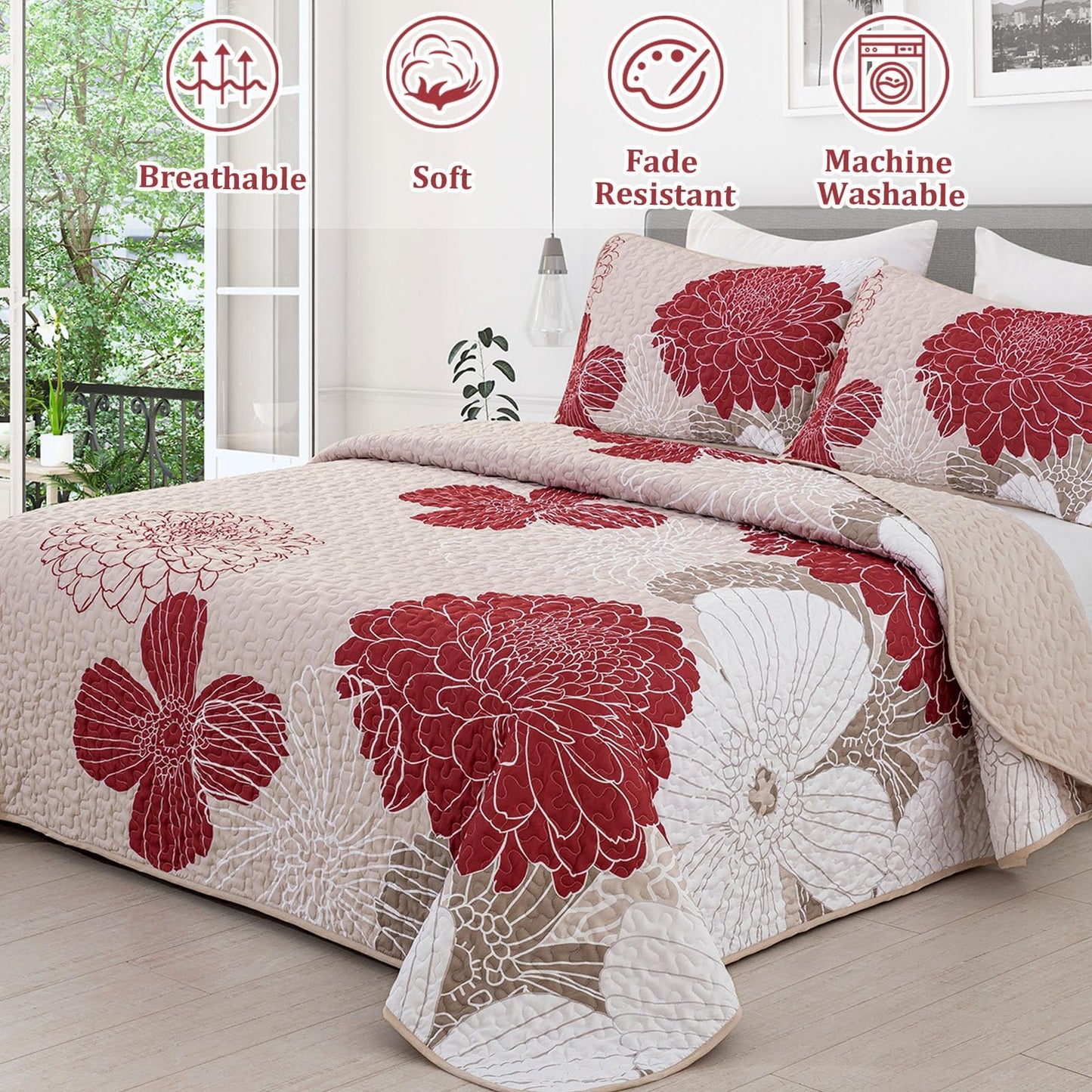 Red Floral Quilt Set Queen Size - 3 Piece Red Flower Pattern Bedspreads, Reversible Lightweight Microfiber Burgundy Quilts Bedding Set with 2 Pillowcases, All Season Quilted Coverlet Set (96''x90'')