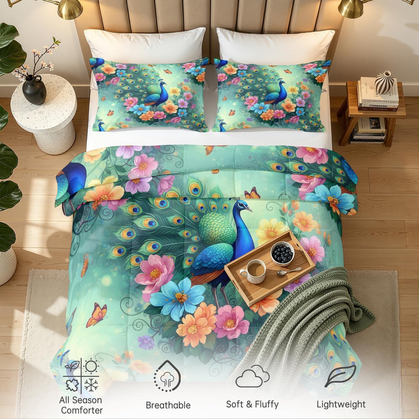 Peacock Butterfly Comforter Set Twin Size 2 Pcs - All Season Duvet Insert & Pillowcase, Oriental Asian Bedding Set, Soft Lightweight Down Alternative Comforter, Peony Bedroom Decor