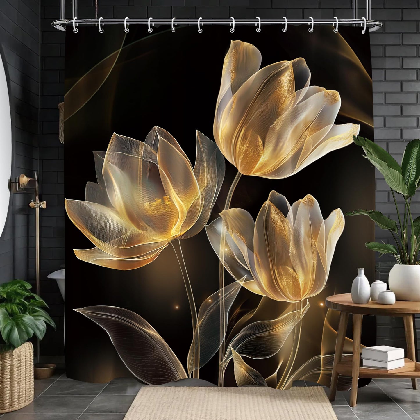 Glioown Black Gold Lotus Tulip Shower Curtain 60Wx71L, Modern Flower Blossom Shower Curtains for Bathroom Decor, Beautiful Elegant Botanical Shower Curtain Set Home Decor 12 Pack Hooks
