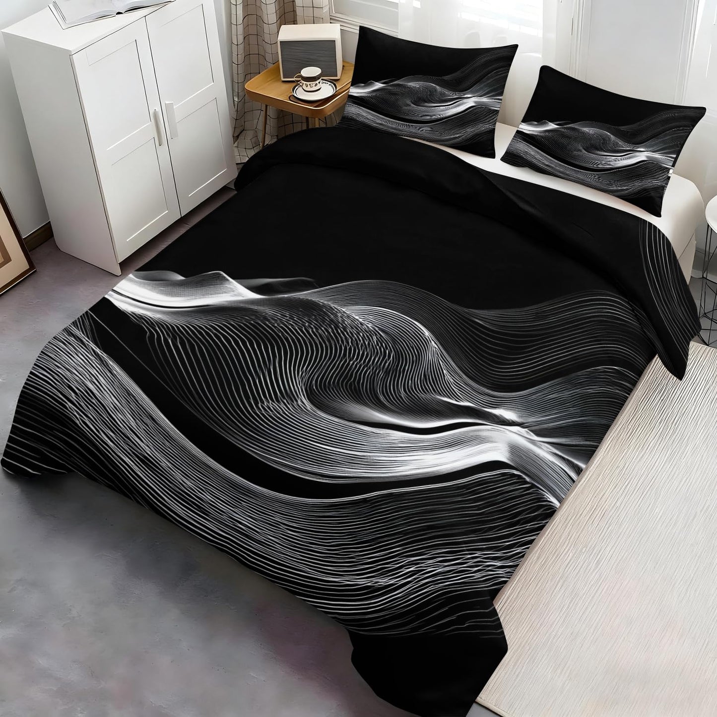 ZAOMIR Black White Duvet Cover Queen Size, Psychedelic White Wavy Stripes Bedding Set 3 Piece, Modern Abstract Geometric Line Patterned Comforter Cover with Zipper Soft Microfiber, 2 Pillowcases