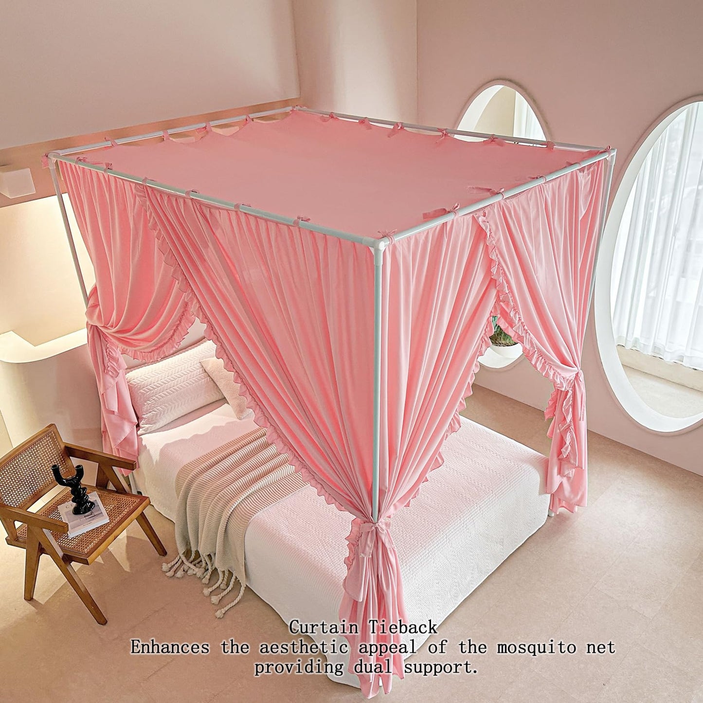 AIKASY Princess Canopy Bed Curtains with Top Ties - Windproof & Lightproof for Girls' Adult Bedroom Decor | Bed Canopy Drapes (King,Pink)