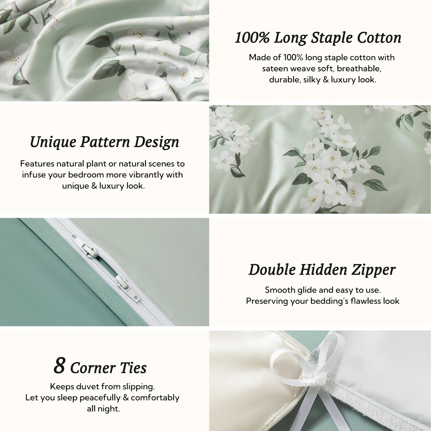 MILDLY Queen Size Duvet Cover Set 100% Long-Staple Cotton Luxury Sage Green Floral Patten Reversible Comforter Cover Set 3Pcs
