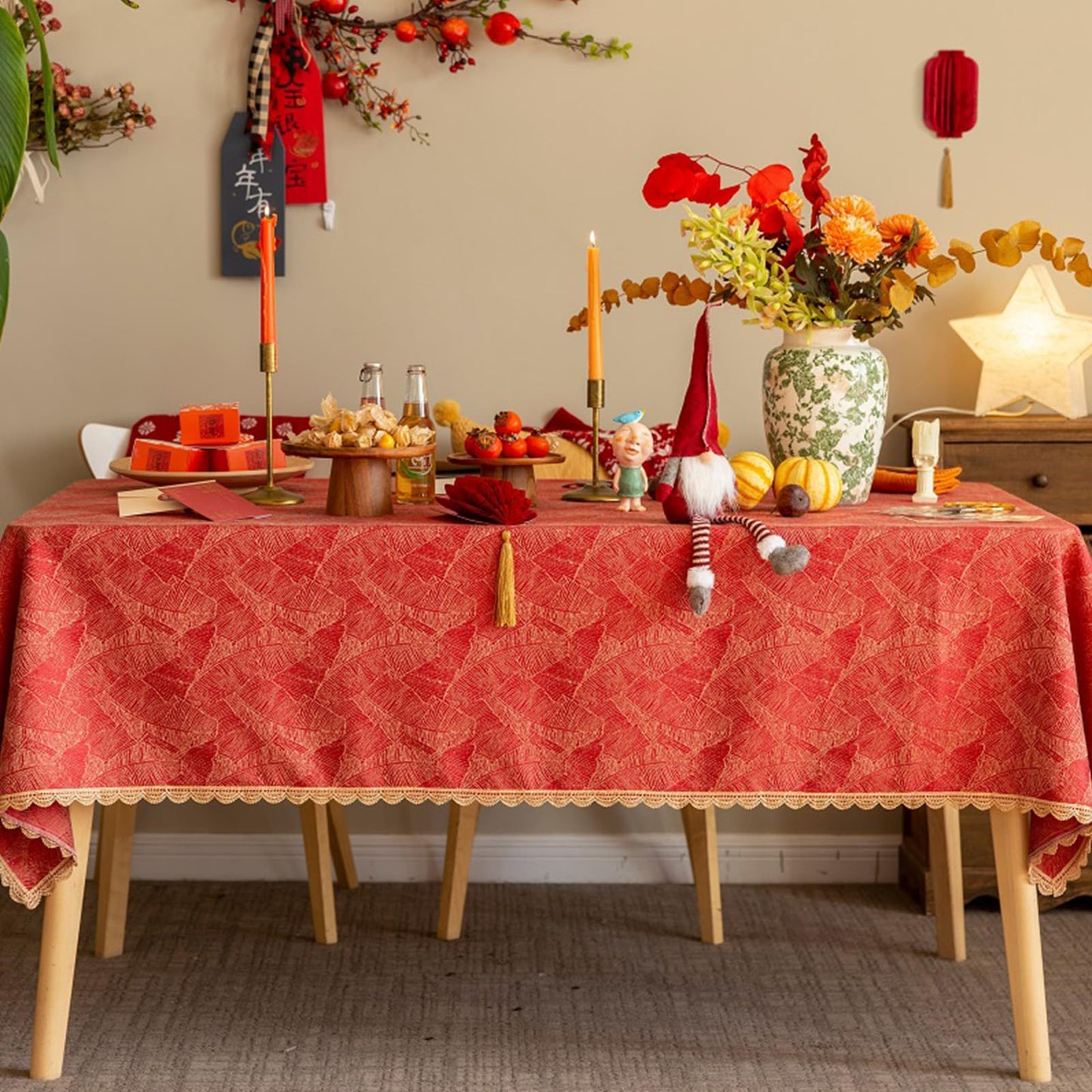 GLORY SEASON Festivel Tablecloth Classic Red and Golden Jacquard Fabric Table Cover Farmhouse Decoration 55x86 Inches Rectangle/Oblong for Party/Banquet/Kitchen Dining