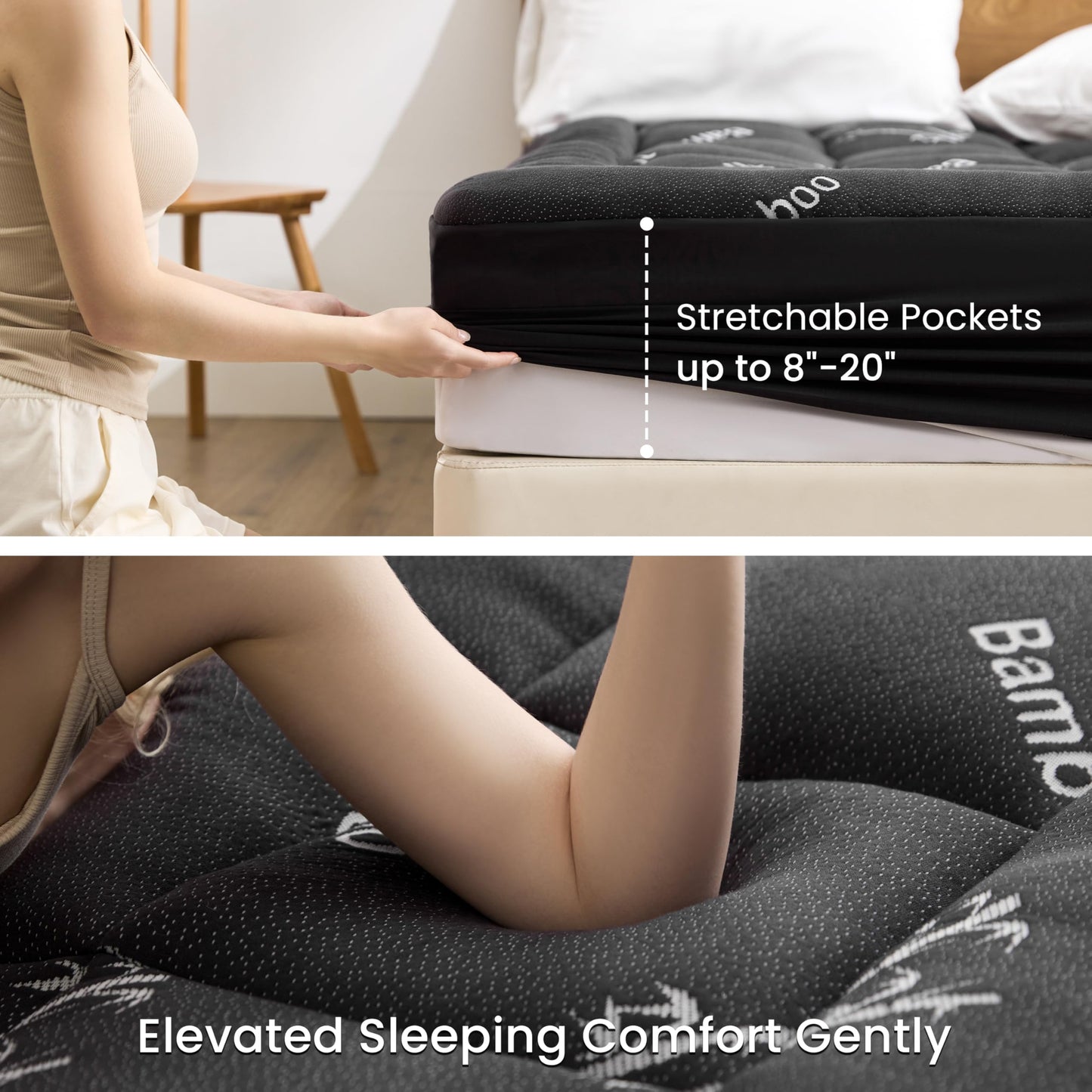 Love's cabin Twin Mattress Topper Viscose Derived from Bamboo, Thick Pillow Top Mattress Pad with Stretchable Pockets for 8"-20" Mattress, Breathable Cooling Mattress Topper for Hot Sleepers, Black