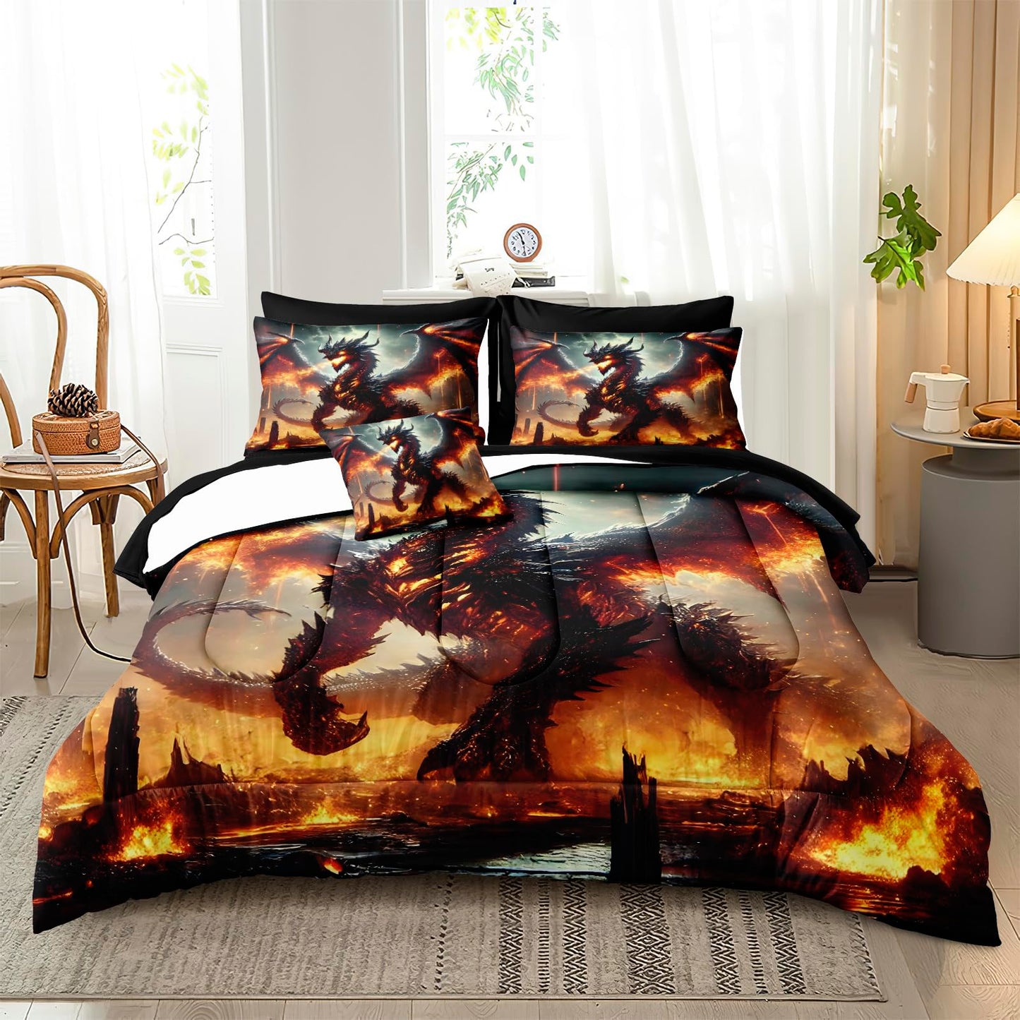 Bedbay Fire Dragon Bed in a Bag King Size Comforter Set with Sheets Mythical Sci-fi 3D Fiery Dragon Print Boys Girls Teen Adults Room Decor Soft Fluffy Comforter Fantasy Bedding Set for All Seasons