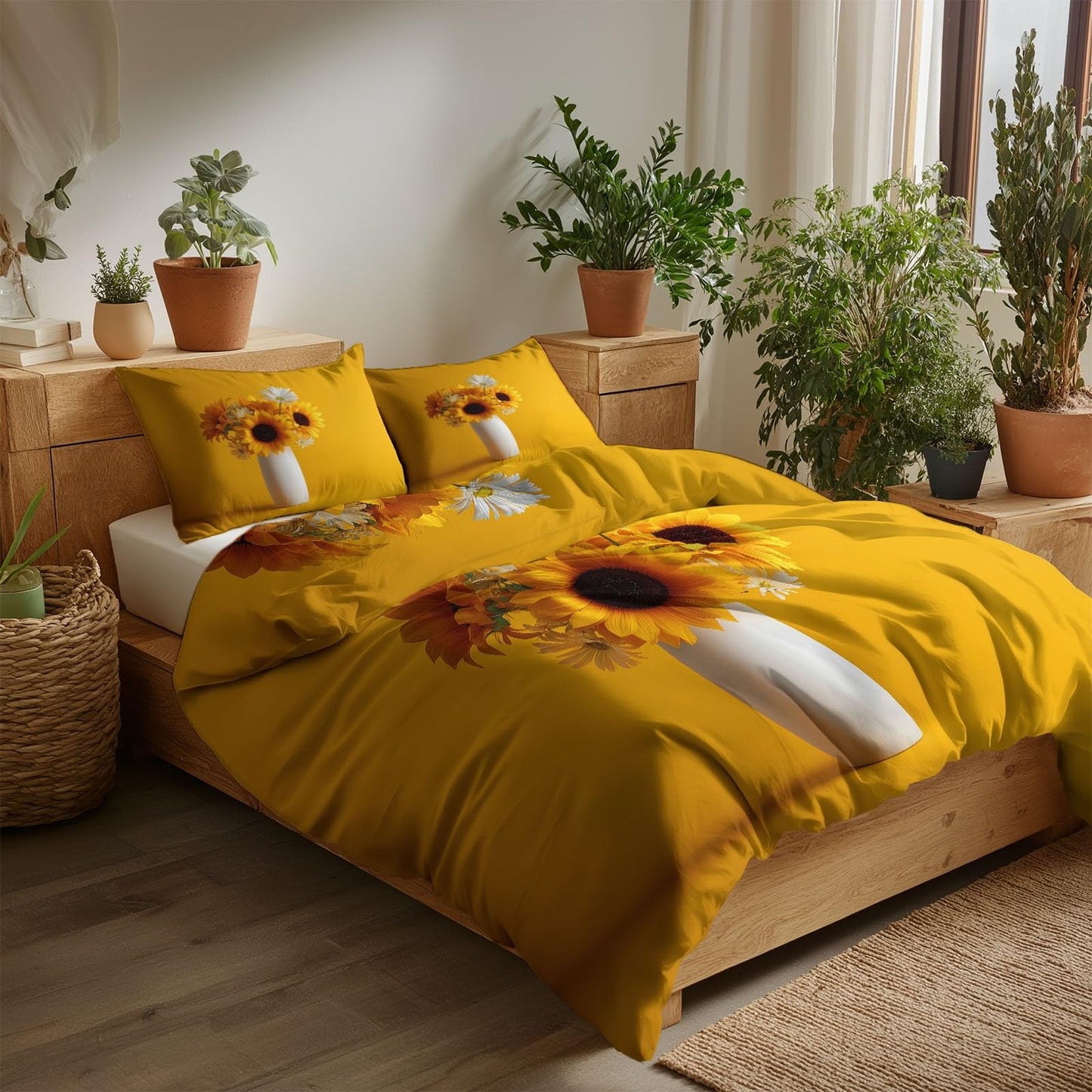 Super Soft Art Photography Duvet Cover Set Twin Size, Minimalist Yellow White Vase Sunflowers Bedding for Kids Boys Girls Teens - Breathable and Anti-Allergic Soft Comforter Cover 2 Pillow Shams