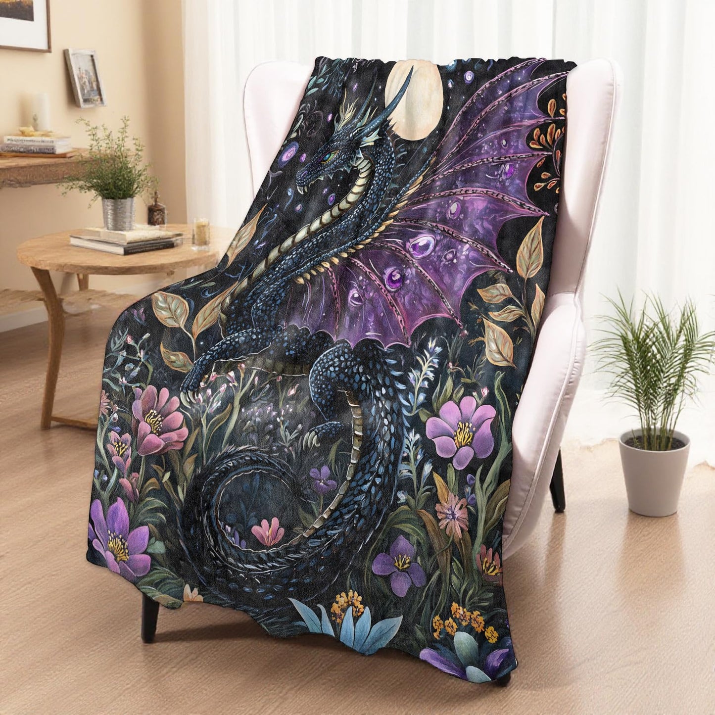 xmwjfd Mystical Moonlit Dragon Blanket, Cozy Plush Throw Blanket for Couch Bedroom Outdoor, Lightweight Soft Flannel Travel Blankets, Gifts for Women Adults Kids, Warm Decor 50"×60"