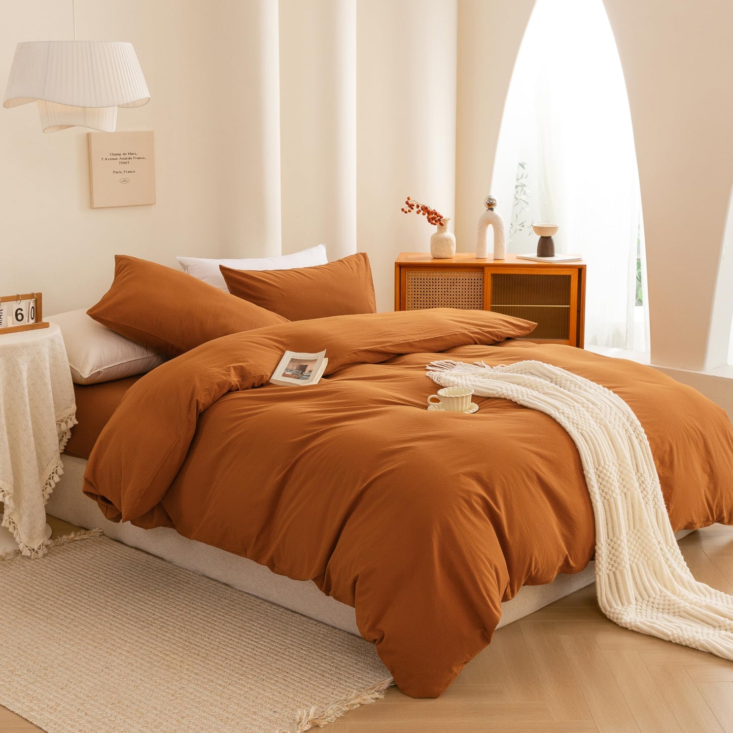 ECOCOTT Orange Duvet Cover Queen Size, 3 Piece 100% Washed Cotton 1 Duvet Cover with Zipper and 2 Pillowcases, Ultra Soft and Easy Care Breathable Cozy Bedding Set(Orange,Queen)