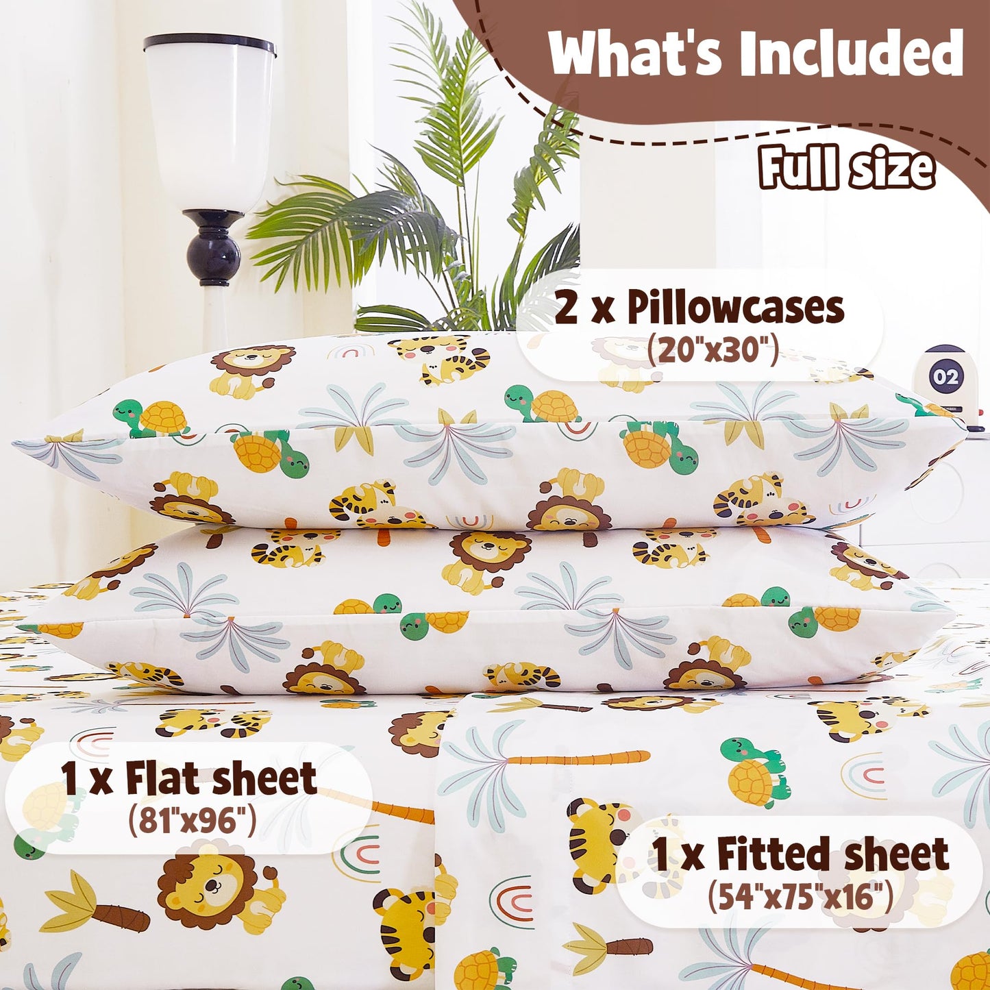 CozySmile Full Sheet Set Kids,4 Pieces Breathable Soft Microfiber Bedsheets for Child Boys, Oeko-TEX, Anti Pilling Deep Pockets Easy Care Bed Sheets, Lion Tiger