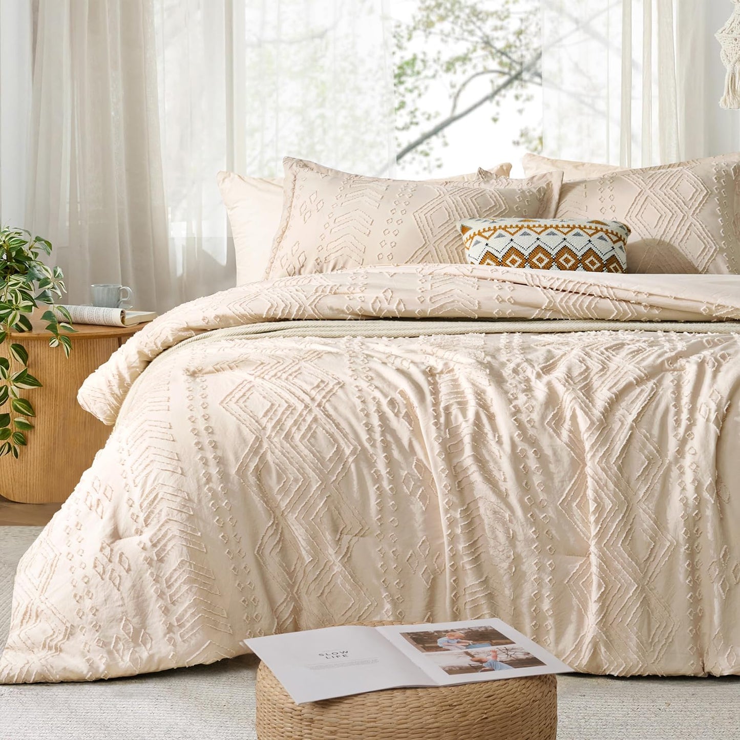 Jameswish Queen Comforter Set - Bed in a Bag Boho Summer Bed Set, 7 Pieces Soft Fluffy Lightweight Queen Comforter for All Seasons,Gifts for Woman, Farmhouse Shabby Chic Embroidered Bedding