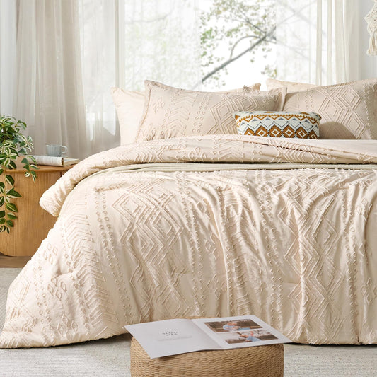 Jameswish Queen Comforter Set - Bed in a Bag Boho Summer Bed Set, 7 Pieces Soft Fluffy Lightweight Queen Comforter for All Seasons,Gifts for Woman, Farmhouse Shabby Chic Embroidered Bedding
