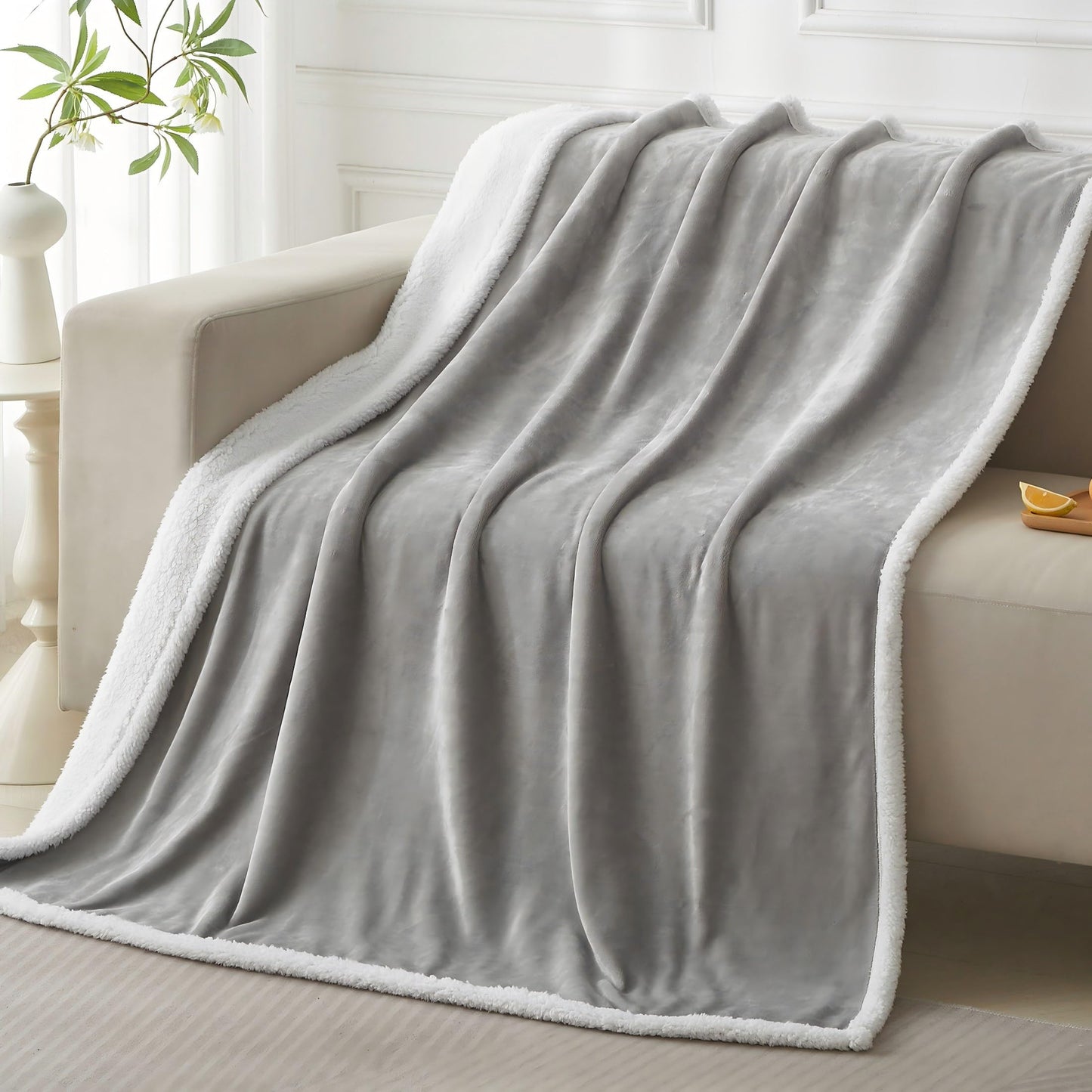 COZYXWORLD Sherpa Blanket Twin Size 60x80 Inches, 480GSM Extra Soft Thick Warm Blanket for Bed, Double-Layered Reversible Flannel Fleece Bedspread, Oeko-TEX Certified Skin-Friendly, Grey