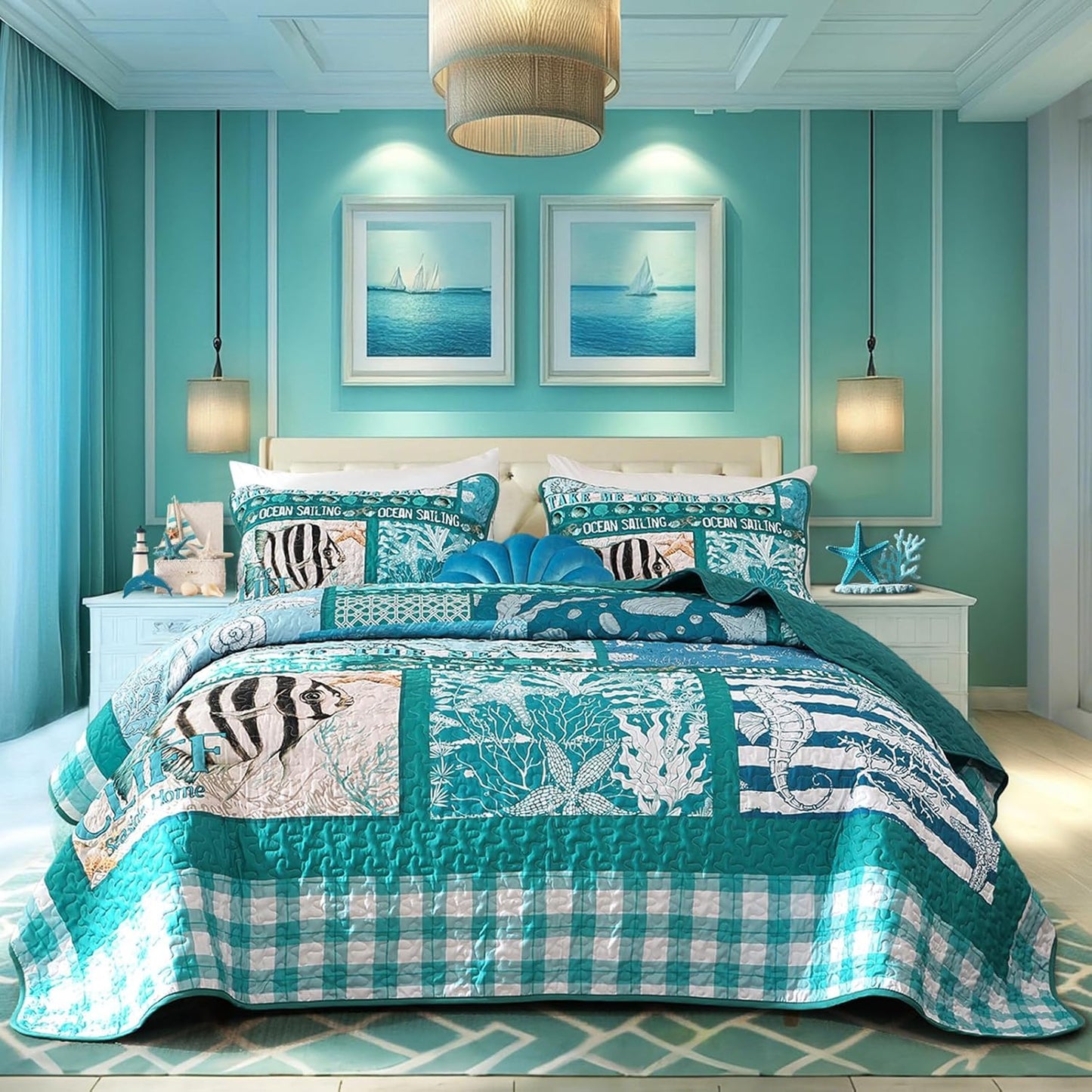 DJY Coastal King Size Quilt Set 3 Piece,Summer Beach Bedspread Coverlet Lightweight Green Ocean Theme Plaid Patchwork Bedding Set with Shams,Reversible Microfiber Comforter Set for All Seasons