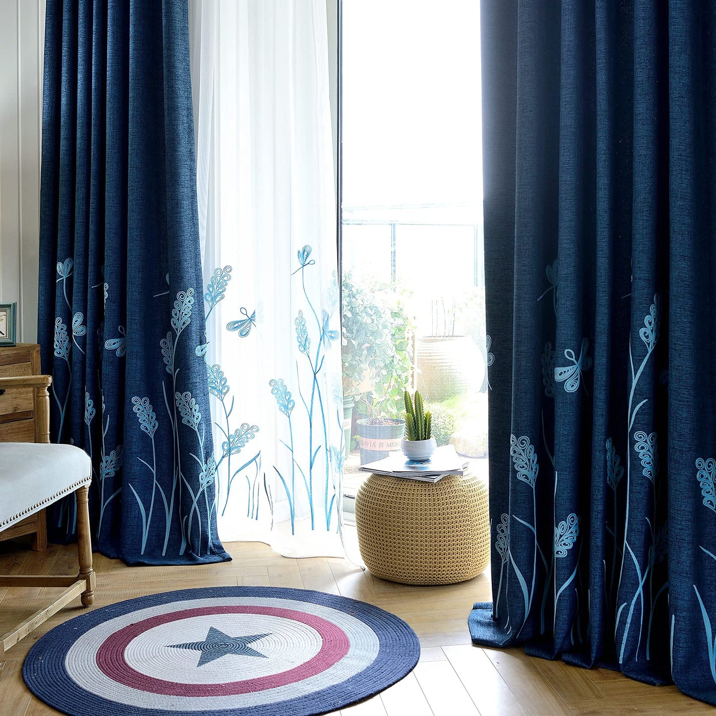 Melodieux Wheat Embroidery Linen Textured Curtain for Living Room Bedroom, Rustic Farmhouse Style Flax Drape Grommet, Blue Wheat/Navy, 52 by 84 Inch (1 Panel)