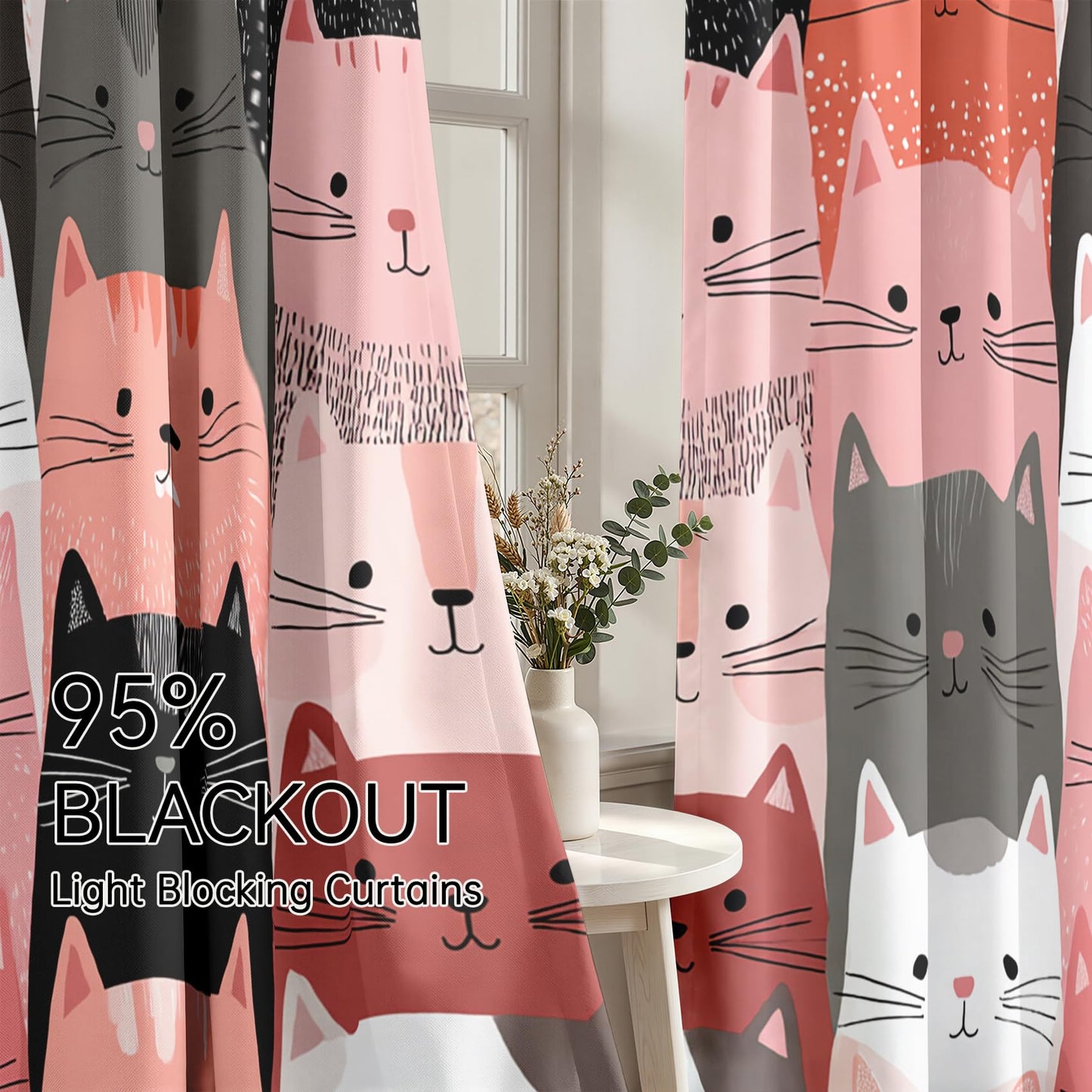 Mistwalk Girls Cute Kitten Blackout Curtains for Bedroom & Living Room, 84 Inch Curtains 2 Panel Set, Room Darkening Thermal Insulated Grommet Drapes, Kids Cat Lover Patterned Window Treatments
