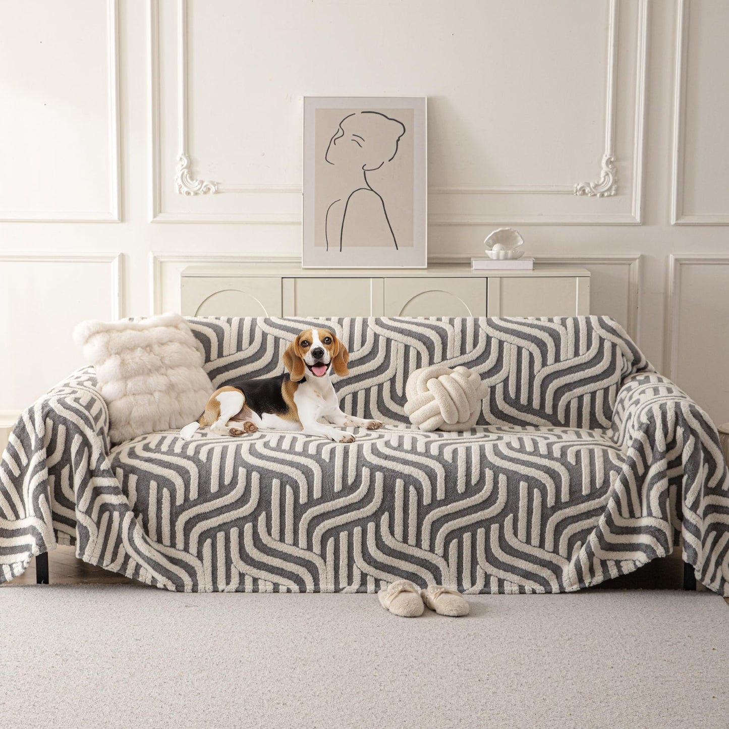 KaviKon Non Slip Couch Covers for 3 Cushion, Scratch Resistant Pet Friendly Sofa Couch Covers for Dogs, Sherpa Velvet Protectors Slipcovers, Washable Furniture Covers, 71" x 118", Geometric Wave Grey