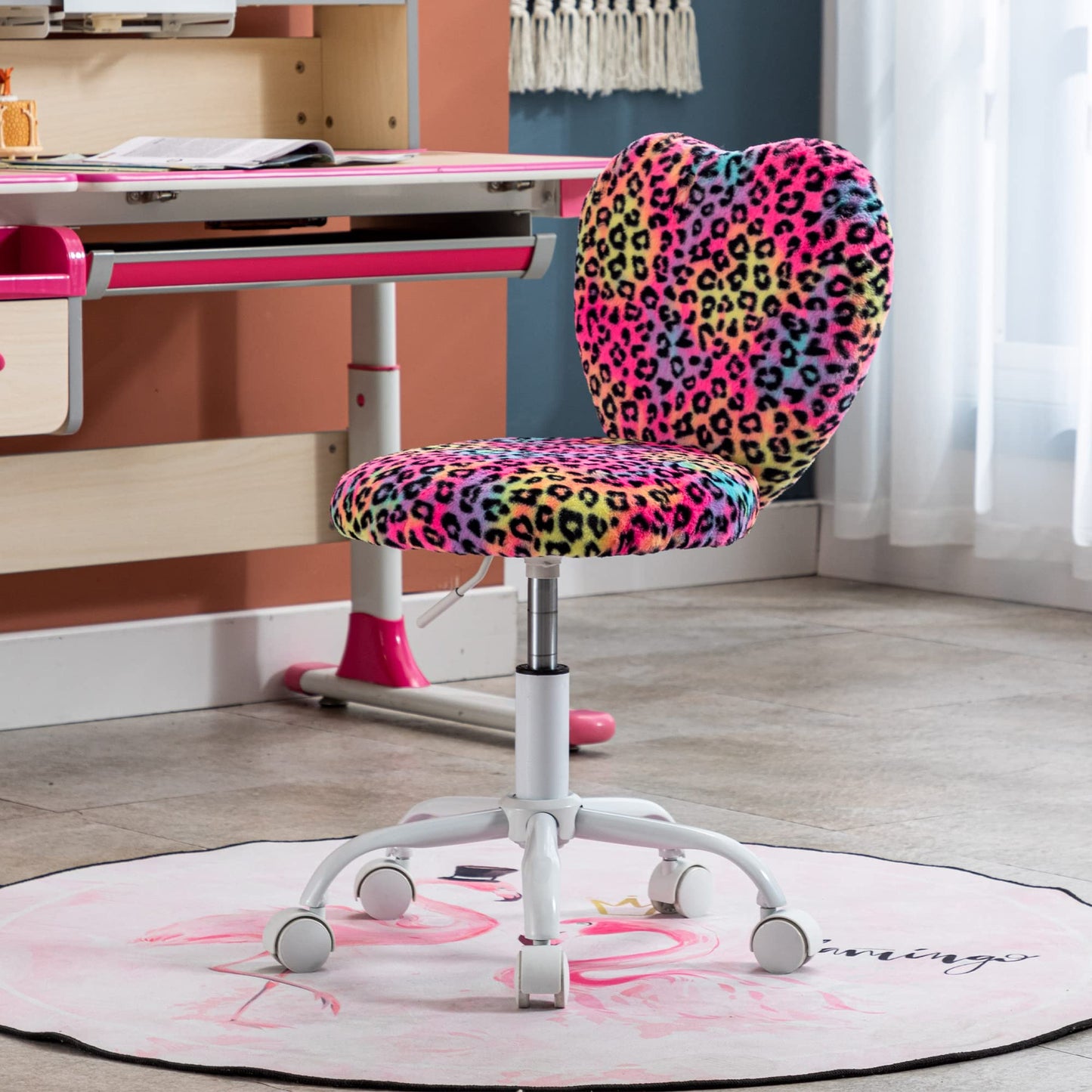 DM Furniture Cute Fuzzy Kids Chair Rolling Study Desk Chair Furry Studing Computer Task Chair Faux Fur Swivel Vanity Chair for Girls Boys Bedroom, Red Leopard