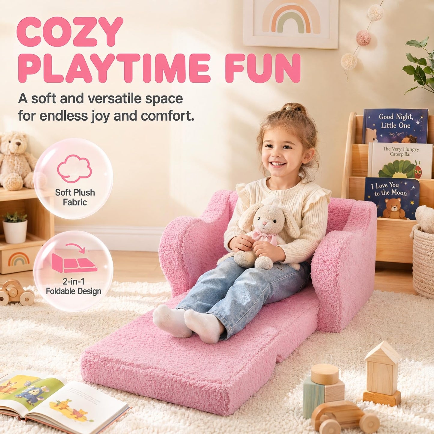 MOMCAYWEX Kids Sofa, 2-in-1 Flip-Out Foam Couch with Soft Sherpa Cover, Cozy Play Lounge Chair, Pink