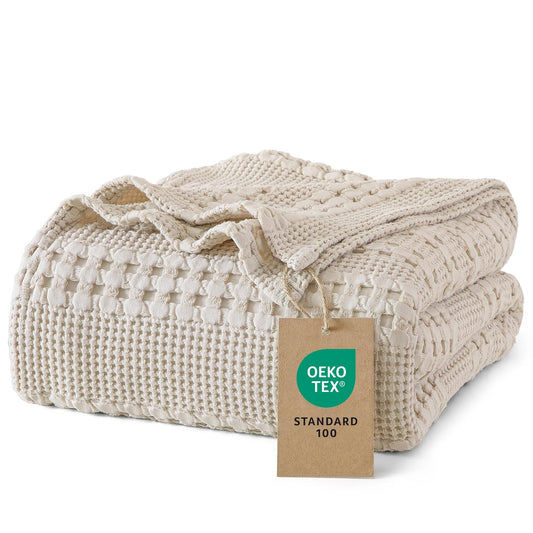 PHF 100% Cotton Waffle Blanket Queen Size for Bed, Lightweight Breathable and Soft for Summer, Luxury Aesthetic Waffle Weave Blanket for Home Decor & Gifts for Women, 90"x90", Light Taupe/Oatmeal