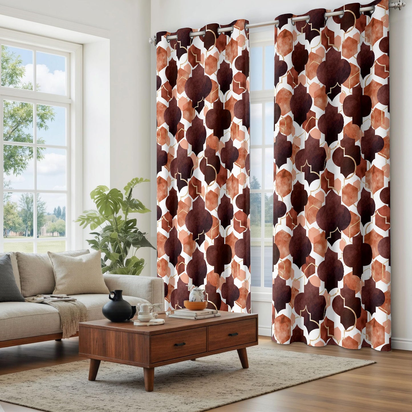 Tyrot Brown Moroccan 100% Blackout Curtains for Bedroom Abstract Geometric Black Out Curtains 96 inch Long 2 Panels Set Window Drapes Thermal Room Darkening Curtains for Living Room, 52Wx96L