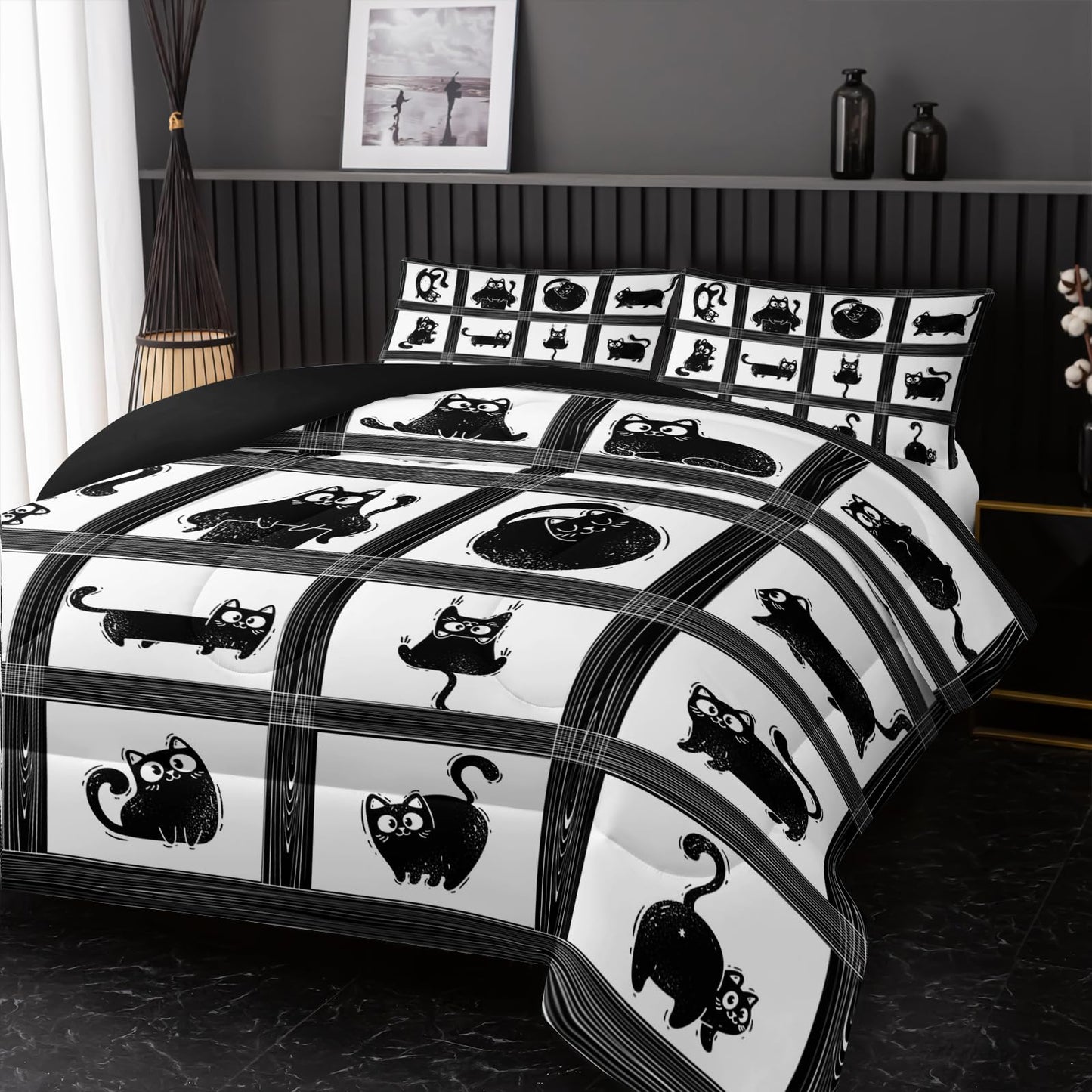 Nttopship Kids Cartoon Cat Comforter Bedding Set Twin,Black Cat and Grid Bedding Set 3 Piece for Teens Kids Boys Girls Adults Room Decor Animals Print Comforter 2 Pillow Cases