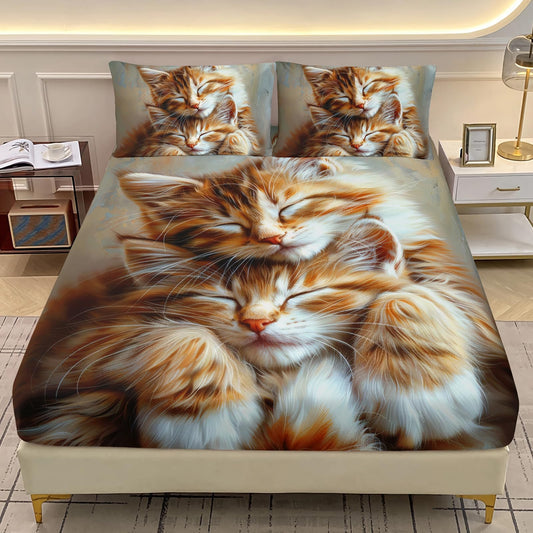 AILONEN Kawaii Cat Fitted Sheet Set Twin,Cute Orange Kitten Bedding for Kids Boys Girls,3 Piece Artistic Oil Painting Bedroom Decor with 2 Pillowcases,16" Deep Pocket