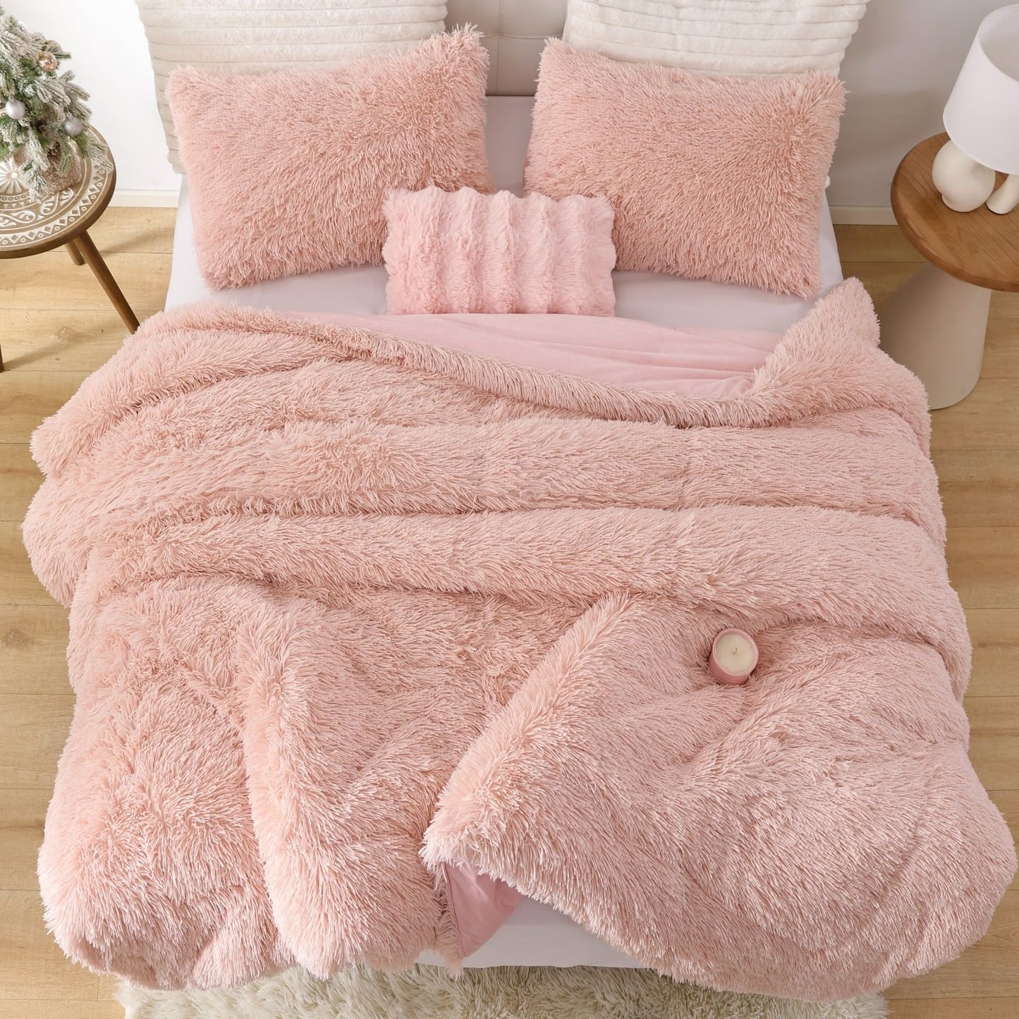 Smoofy Fluffy Full Size Comforter Set, Faux Fur Pink Comforter Set, Luxury Fuzzy Bedding Set, Soft Shaggy Full Bed Set for All Season, 3 Pieces - 1 Comforter & 2 Pillowcases, Blush