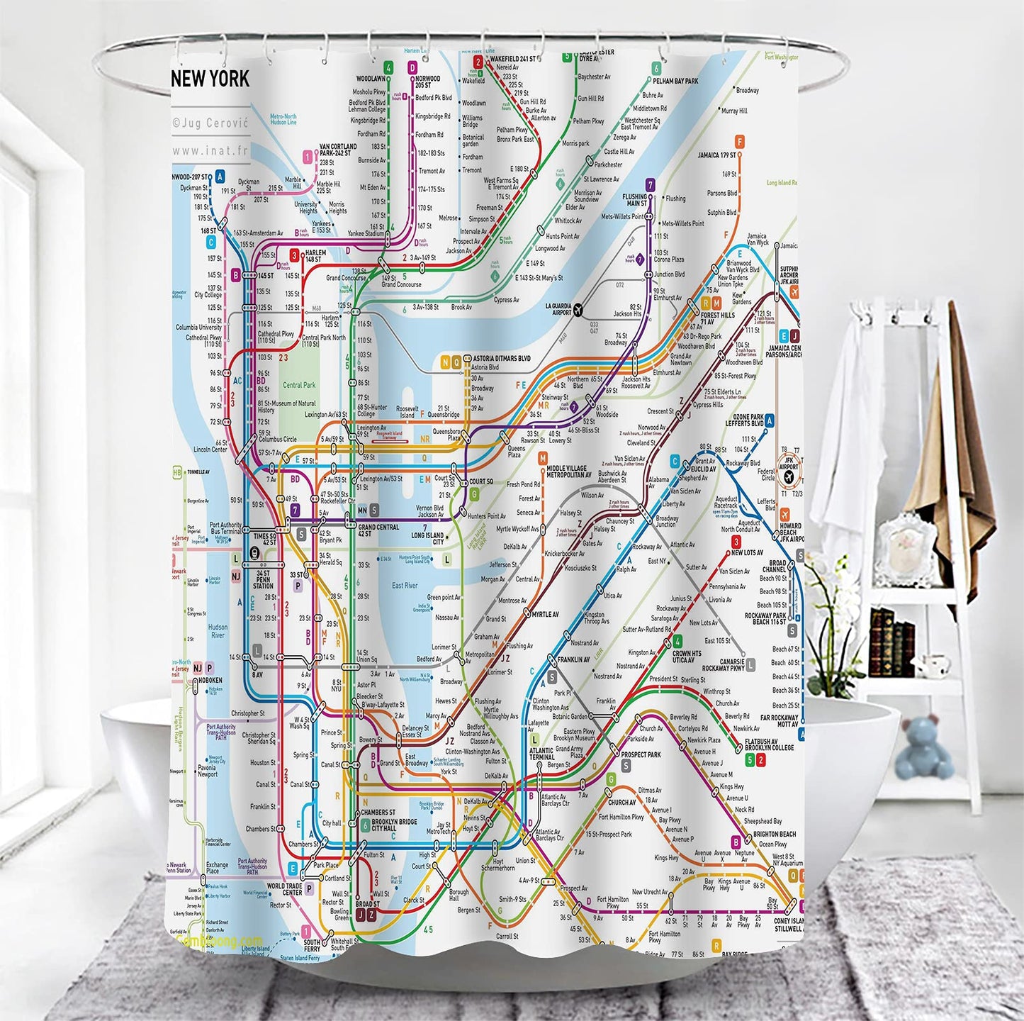 SPXUBZ New York Subway Map Shower Curtain White Subway Map Shower Curtains for Bathroom Waterproof Polyester Fabric Shower Curtain Sets with Hooks 72x72 Inch