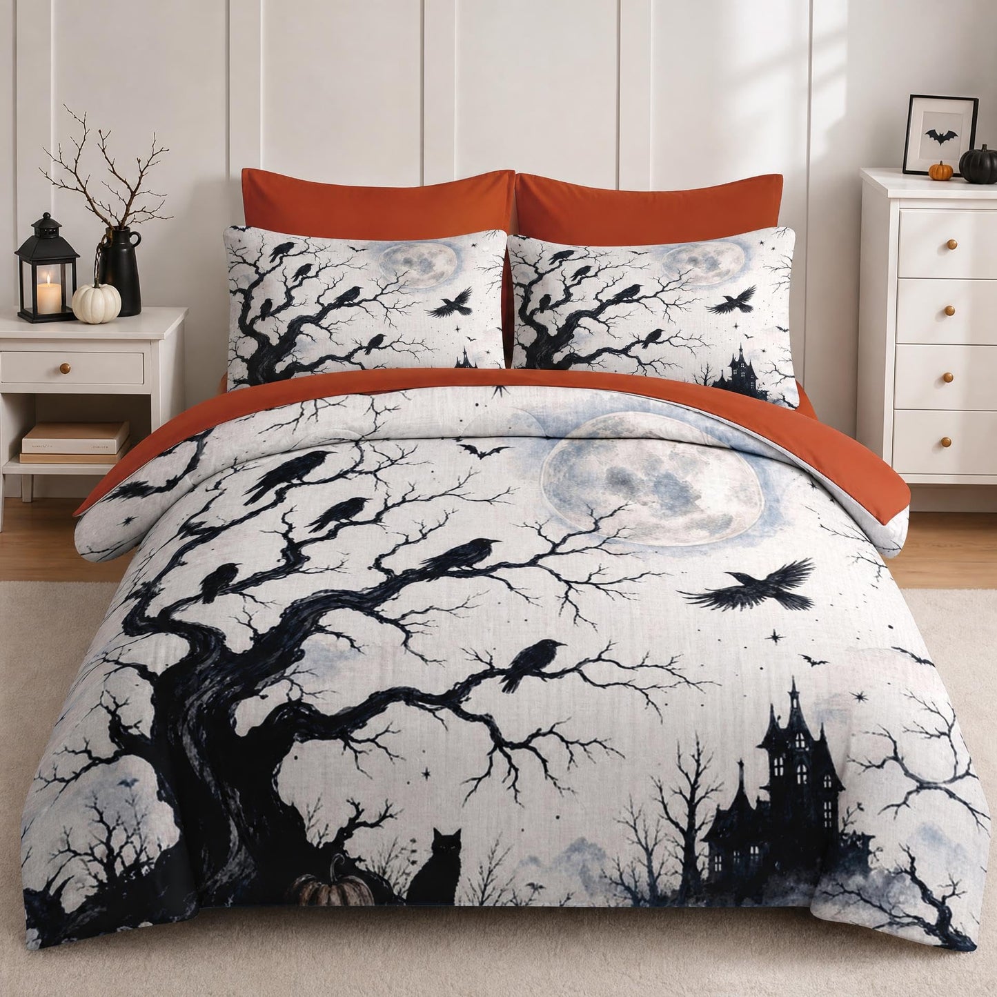 Boewywh Comforter Set Twin Size Halloween Gothic Spooky 5 Pcs, Bedding for Kids and Adults, Bed Sheet Sets with Fitted Sheet Pillowcase & Sham for Bedroom Bed Decor