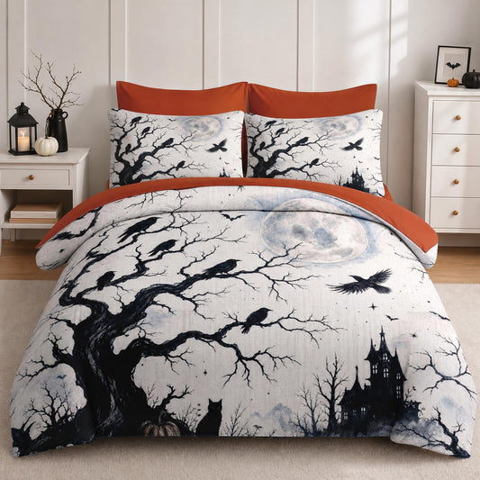 Boewywh Comforter Set Twin Size Halloween Gothic Spooky 5 Pcs, Bedding for Kids and Adults, Bed Sheet Sets with Fitted Sheet Pillowcase & Sham for Bedroom Bed Decor