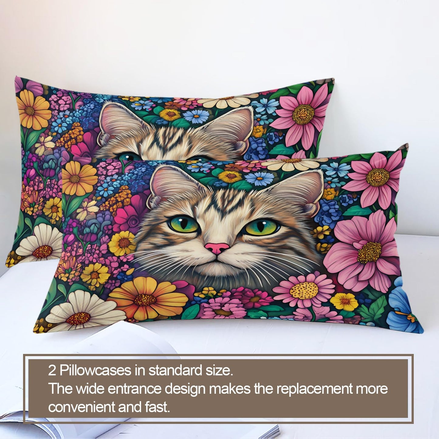 PAISUOQ Cat Print Bedding Sets Full Boho Flowers Comforter Cover with Zipper Ties, Rustic Floral Animal Duvet Cover with 2 Pillowcases, 3 Pieces，Bedroom Decor & Gifts