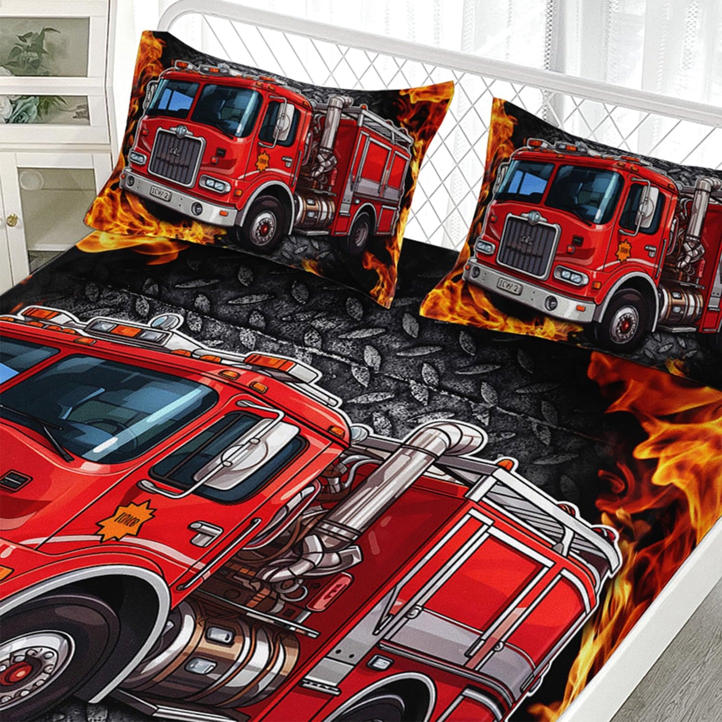 AILONEN Cartoon Red Fire Truck Fitted Sheet Set Twin Size, Fire Rescue Car Bedding Set for Kids,Boys,Girls,Teens,Red Firemen Car Vehicle Bed Sheet Set,3-Piece, 1 Fitted Sheet and 2 Pillowcases