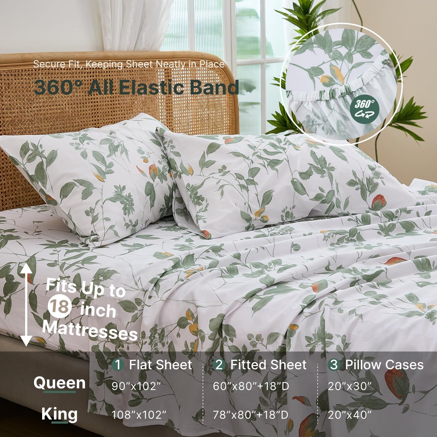 Cozaline 100% Cotton Sheets Set Queen Size – 4 Pieces Luxury Breathable Percale Cotton Bedding with Deep Pockets, Crisp Cool Feeling, Soft&Durable, Refined Botanical Elegance, Green Floral Bed Sheets