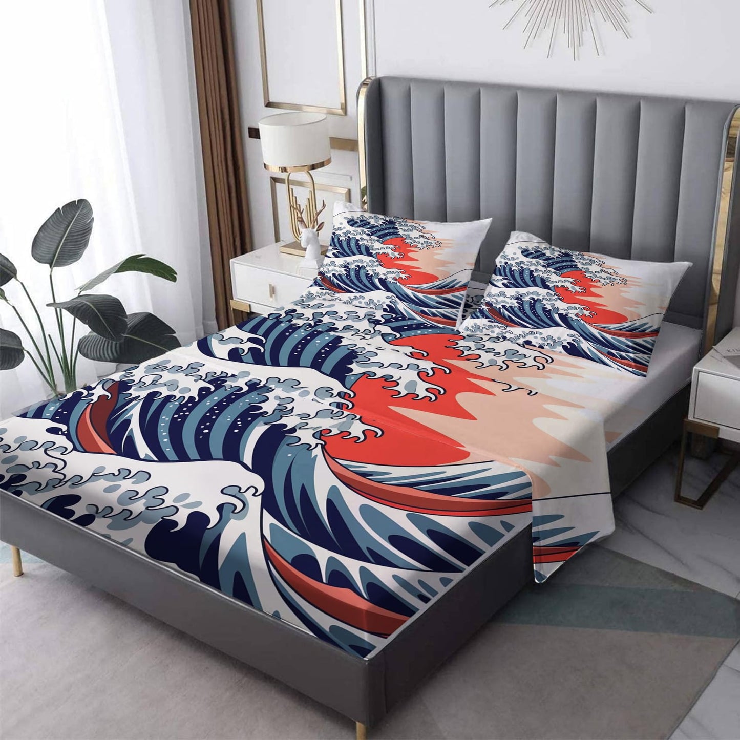 Japanese Wave Sheets King Sheet Sets - Hokusai Bed Sheets, Soft Microfiber & Deep Pocket & Wrinkle Free Patterned Bedding Sheets & Pillowcases, 4 Piece ( 1 Fitted Sheet, 1 Flat Sheet, 2 Pillow Cases )
