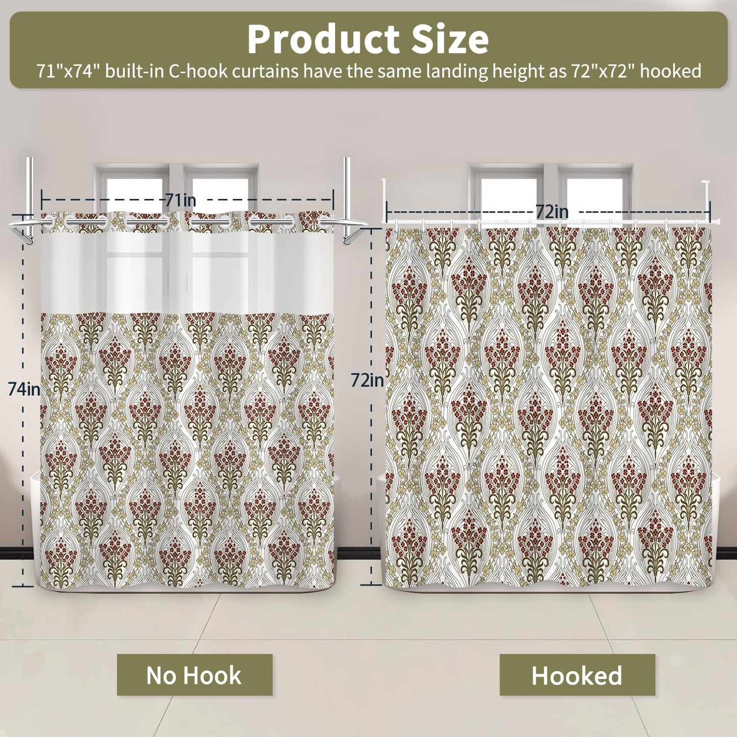 No Hook Vintage Boho Floral Shower Curtain with Liner, Modern Aesthetic Waterproof Machine Washable Fabric Shower Curtain, Red Flower Botanical Bathroom Curtains with Top Sheer Window, 71x74 Inch