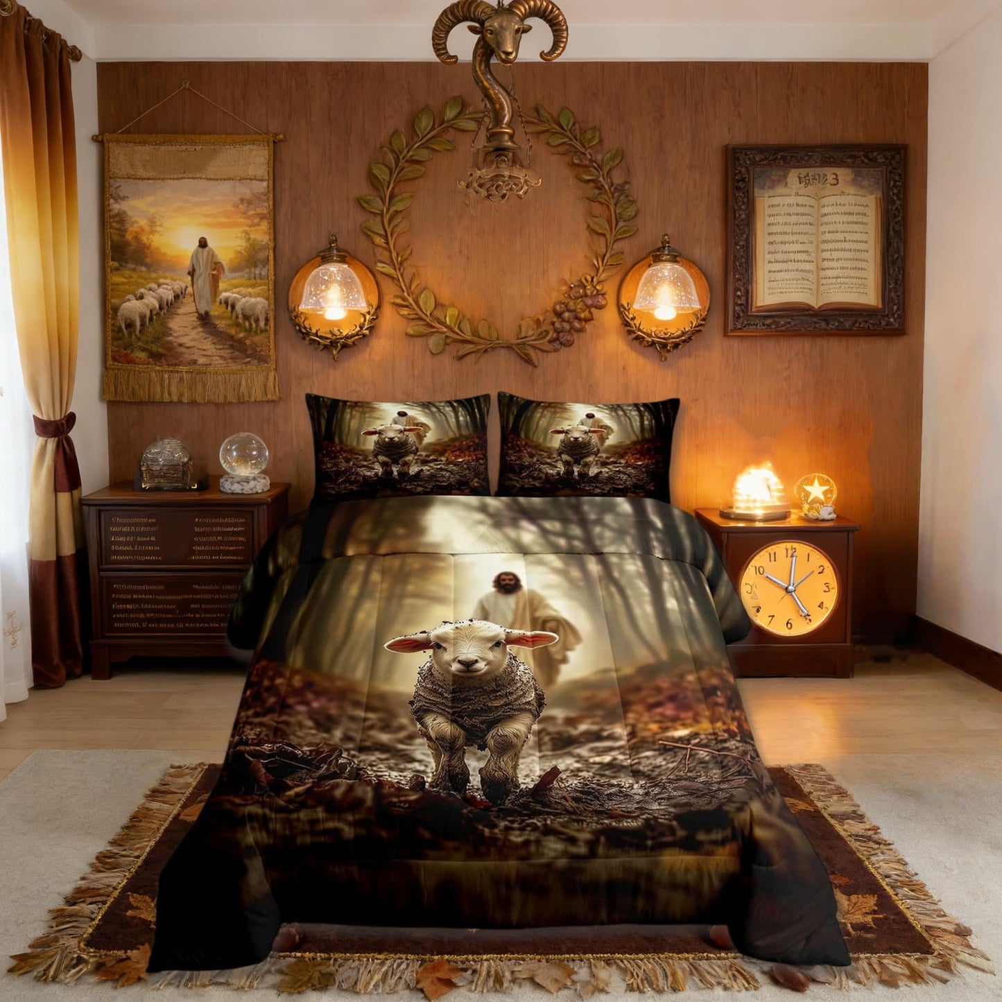 Manfei Western Kids Comforter Set Twin Size,God Running After Lost Lamb Bedding Set Boys Girls Room Decor,Spiritual Bible Verse Quilt Comforter,Brown Duvet Set Bedroom Quilt Set,1 Pillowcase