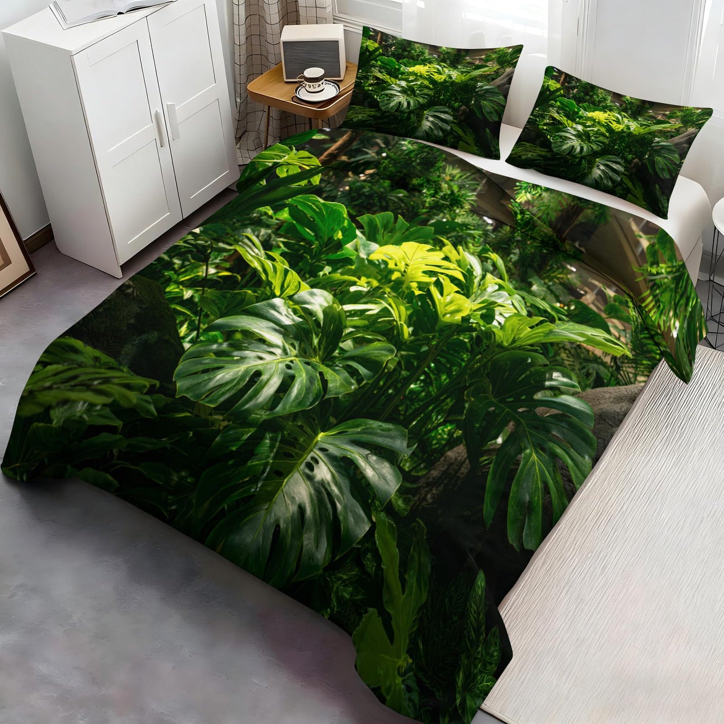 GKPLY Tropical Leaves Duvet Cover Full, Monstera Plant Comforter Sets, Green Jungle Bedding Set, 2 Pillow Cases, Zipper & Ties, Soft Microfiber Reversible Print Duvet Cover & Home Decor