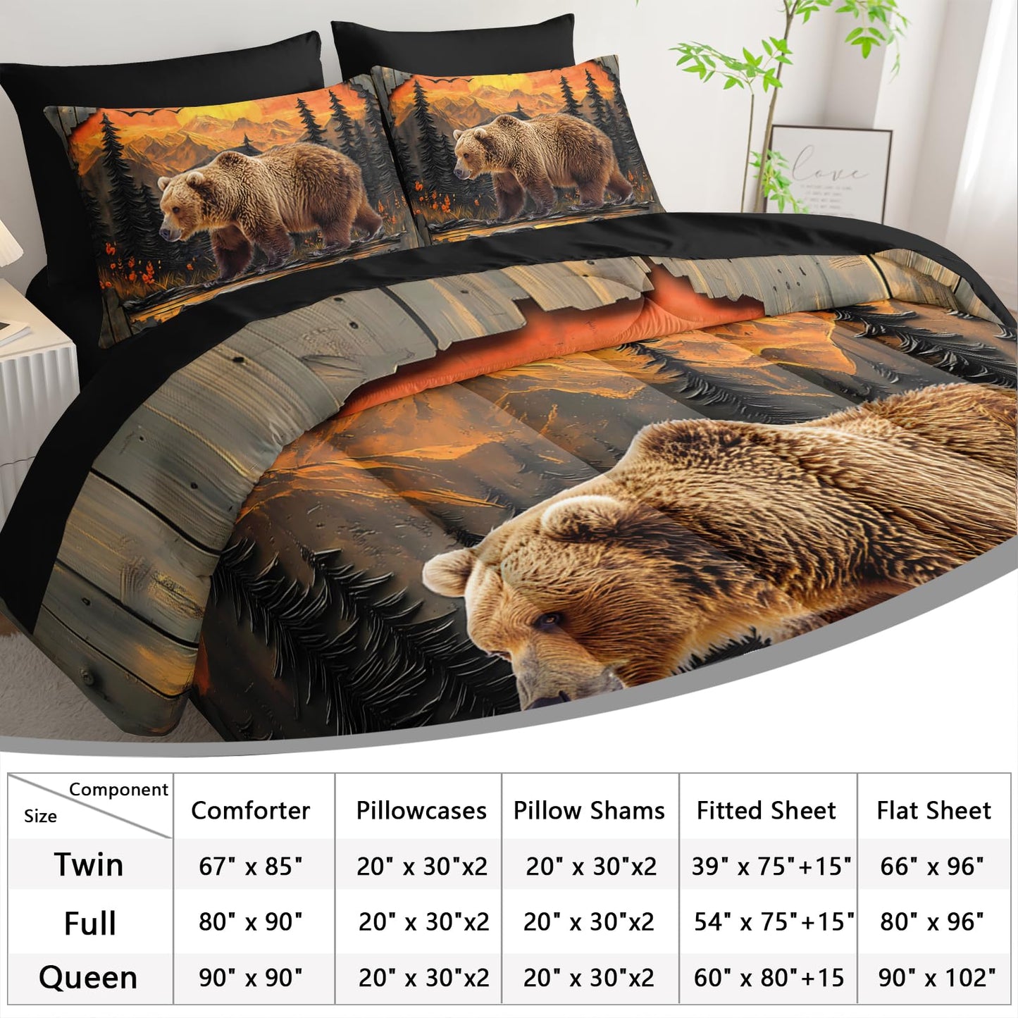 AILONEN Rustic Bear Bedding Twin Size 7-Piece Soft Bed in a Bag, Wildlife Hunting Comforter & Fitted Sheet & Flat Sheet & 2 Pillowcases,2 Pillow Shams for Bedroom Decor