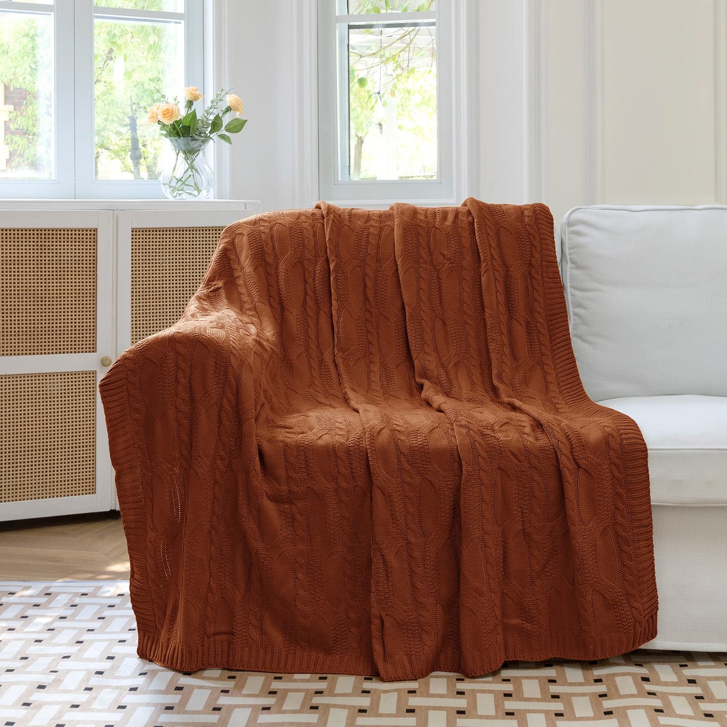 Aormenzy Dark Terracotta Knit Throw Blankets Cable Knit Decorative Throw Blanket Rust Soft Cozy Knitted Blanket for Sofa Couch Bed, 50" x 60"