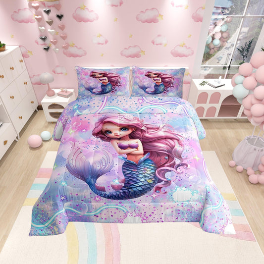 Mermaid Comforter Set Queen Size,Kawaii Mermaid Clouds Love Bedding Set for Girls Bedroom Decoration,Rainbow Glitter Galaxy Bed Duvet Insert,Colorful Dream Sky Comforter with 2 Pillowcases