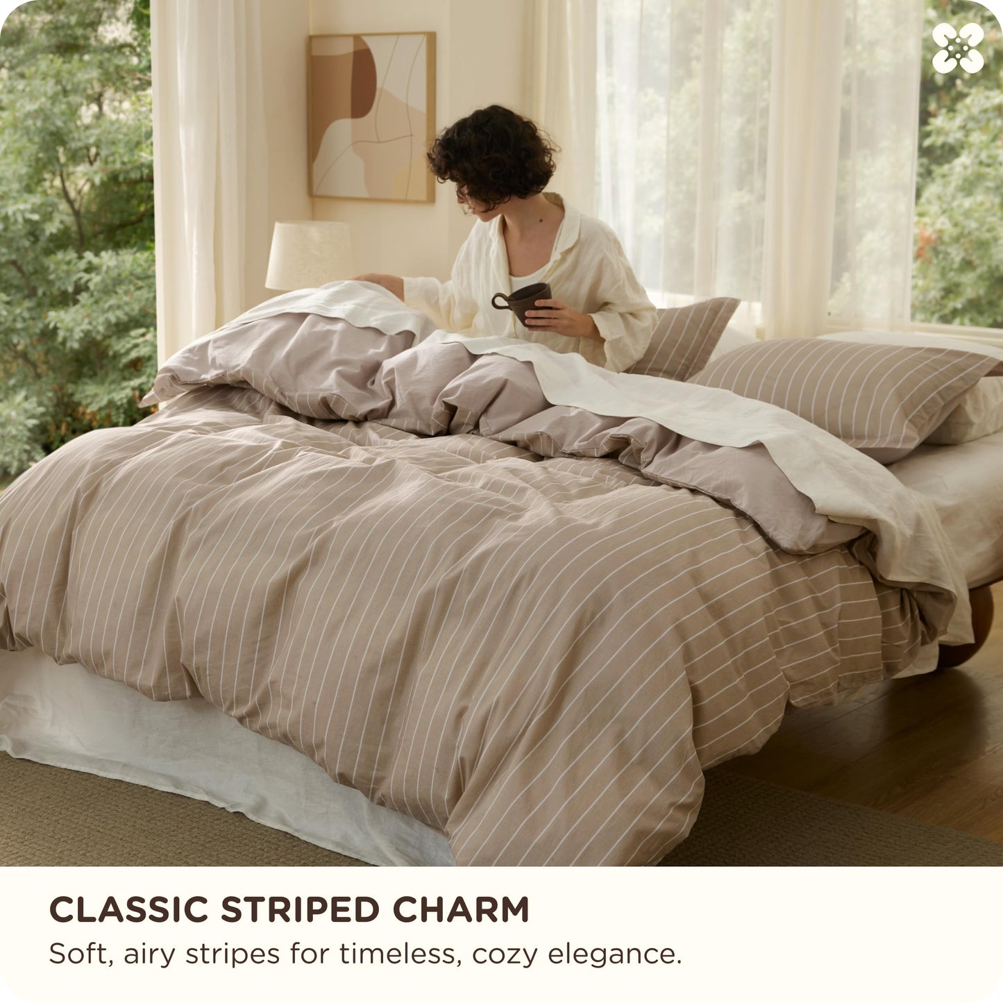 Bedsure Striped Duvet Cover Queen Size, 100% Washed Cotton PureWoven Duvet Cover Linen Like Textured, Classic Striped Pattern Enhances Bedroom Comfort and Style, Stripes Tan/White, 90"x90"