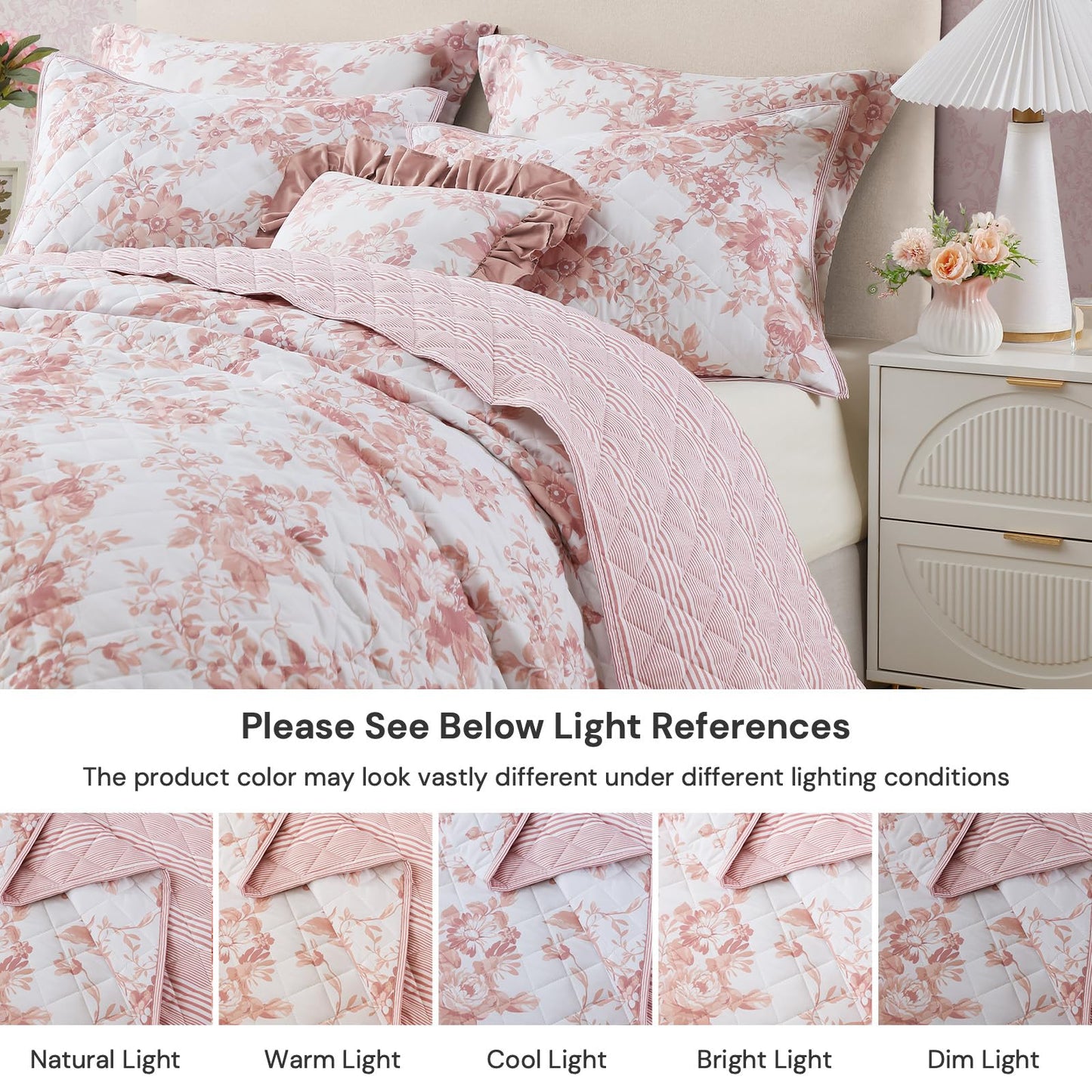 BLOOMHAVEN Quilt Set King Size, Dusty Rose Floral Quilt Sets, Reversible Bedspread Lightweight and Breathable for All Seasons, Soft Quilted Bedspread with 2 Pillow Shams