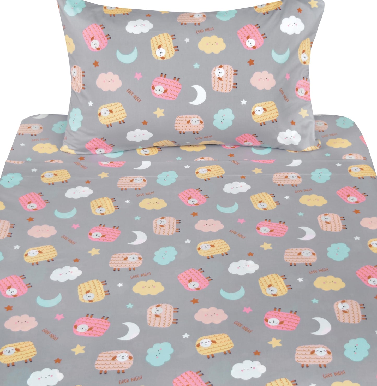 J-pinno Sheeps Cloud Moon Night Sleepy Sweet Dream Cute Cartoon 100% Cotton 3 Pieces Twin Sheet Set for Kids Girls Boys Children Flat Sheet + Fitted Sheet + Pillowcase Bedding Decoration Gift Set