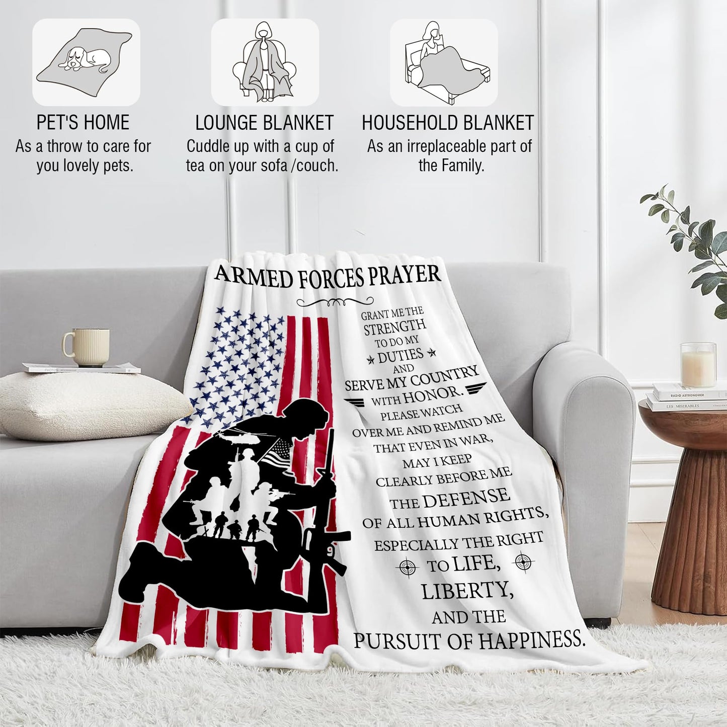 Bozspacer Veteran Blanket Armed Forces Prayer - Patriotic Throw for American Veterans Day - USA Flag Soldier Decor 4th of July Gift - Soft Plush Bedding for Home Independence Day Celebration - 50"x60"