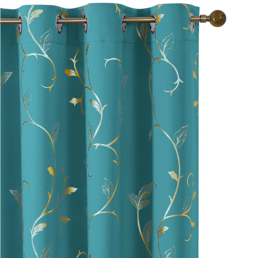 BUHUA Blackout Curtain 2 Panel Set Gold Vine Foil Print Thermal Insulated Drapes Room Darkening Curtains Grommet Window Treatment, 52 x 72 Inch, Teal Blue