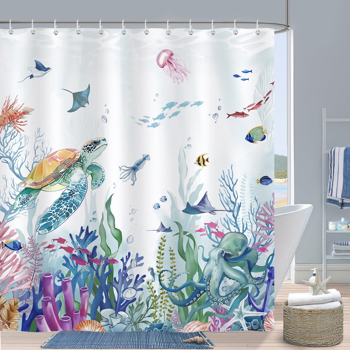 Bonhause Ocean Shower Curtain, Underwater Turtle Fish Coastal Beach Bathroom Decor 72 x 72 Inch Polyester Fabric Waterproof Bath Curtain with 12 Hooks