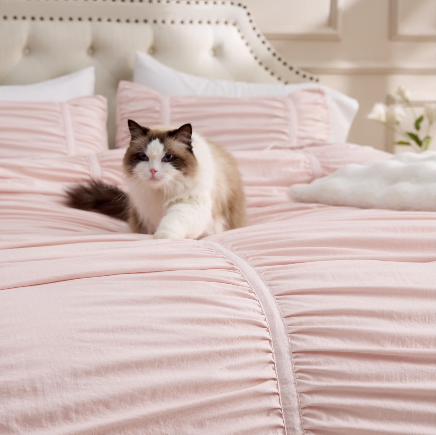 Bedsure Ruched Comforter Set with Bow Trim Pink, GentleSoft™ 3 Pieces Bow Bedding Pink Room Decor, King Boho Bedding for Girls Teens Women, 1 Bed Comforter, 2 Pillow Shams, 104x90 Inches