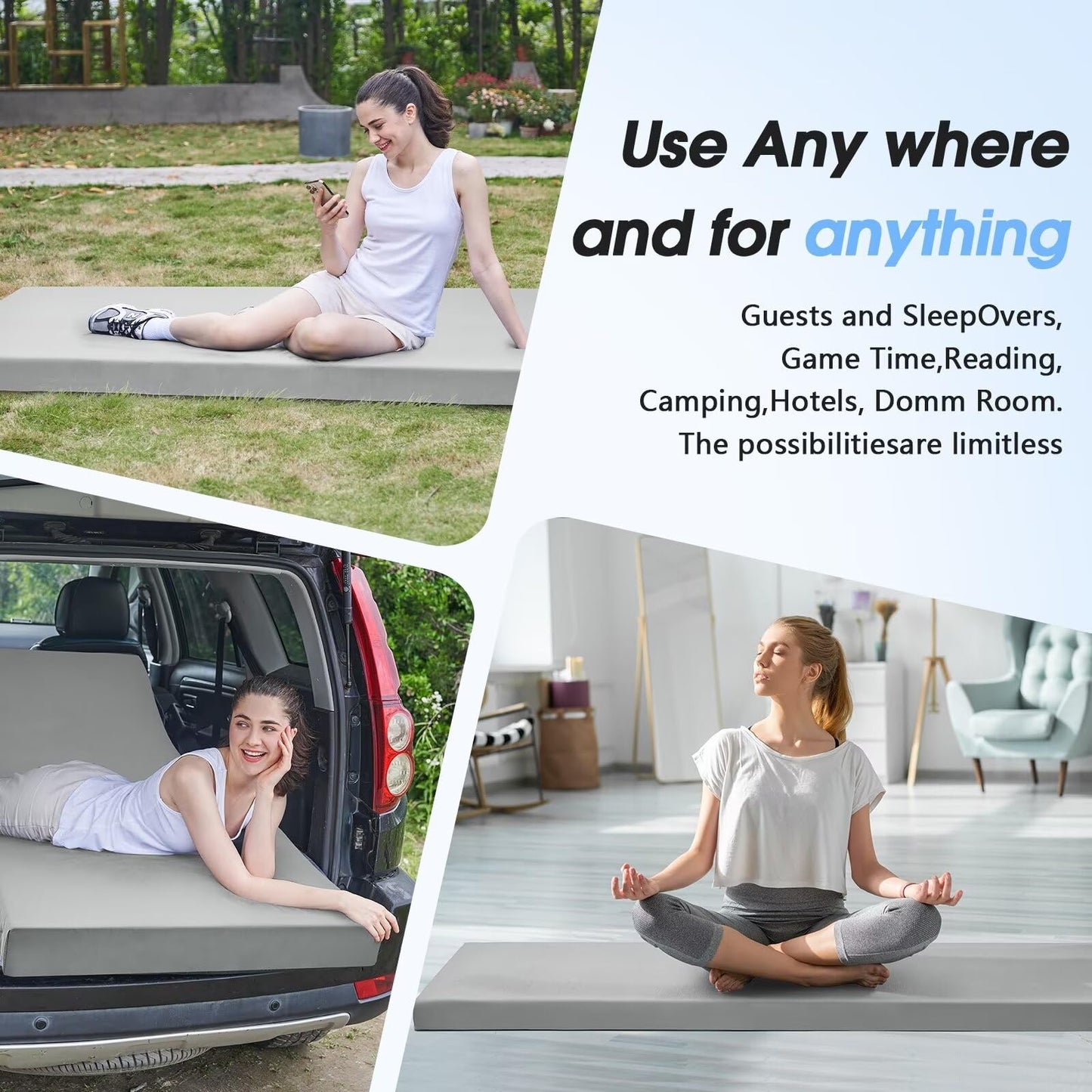 CYMULA 3 Inch Memory Foam Camping Pad, Camping Essentials Roll Up Floor Mat for Car Camping, Cot, Tent, Truck, Travel and Guest Use, Non-Slip Waterproof Bottom, Removable Cover