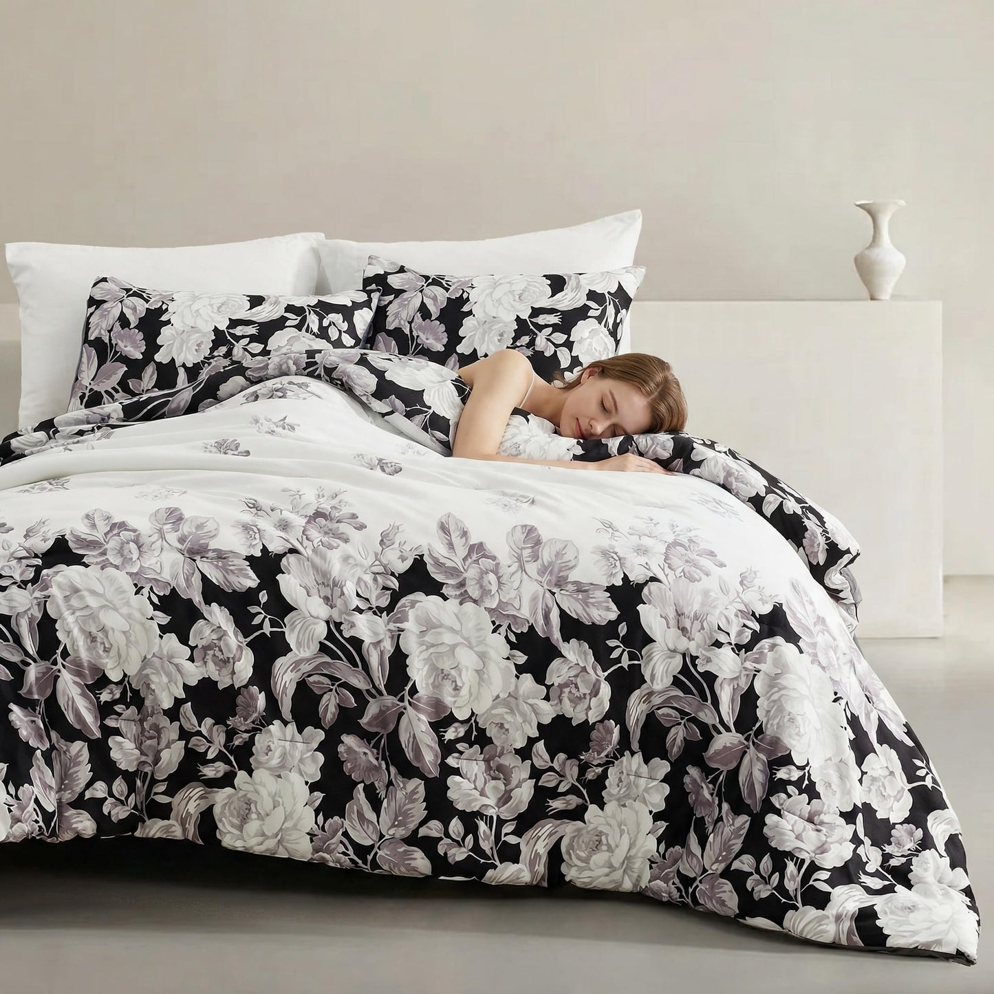 Wonderful Black and White Floral Comforter Set Queen - 3 Pieces Botanical Floral Printed Bedding with Pillow Sham, Morden Farmhouse Flowers Bedding Sets for All Season